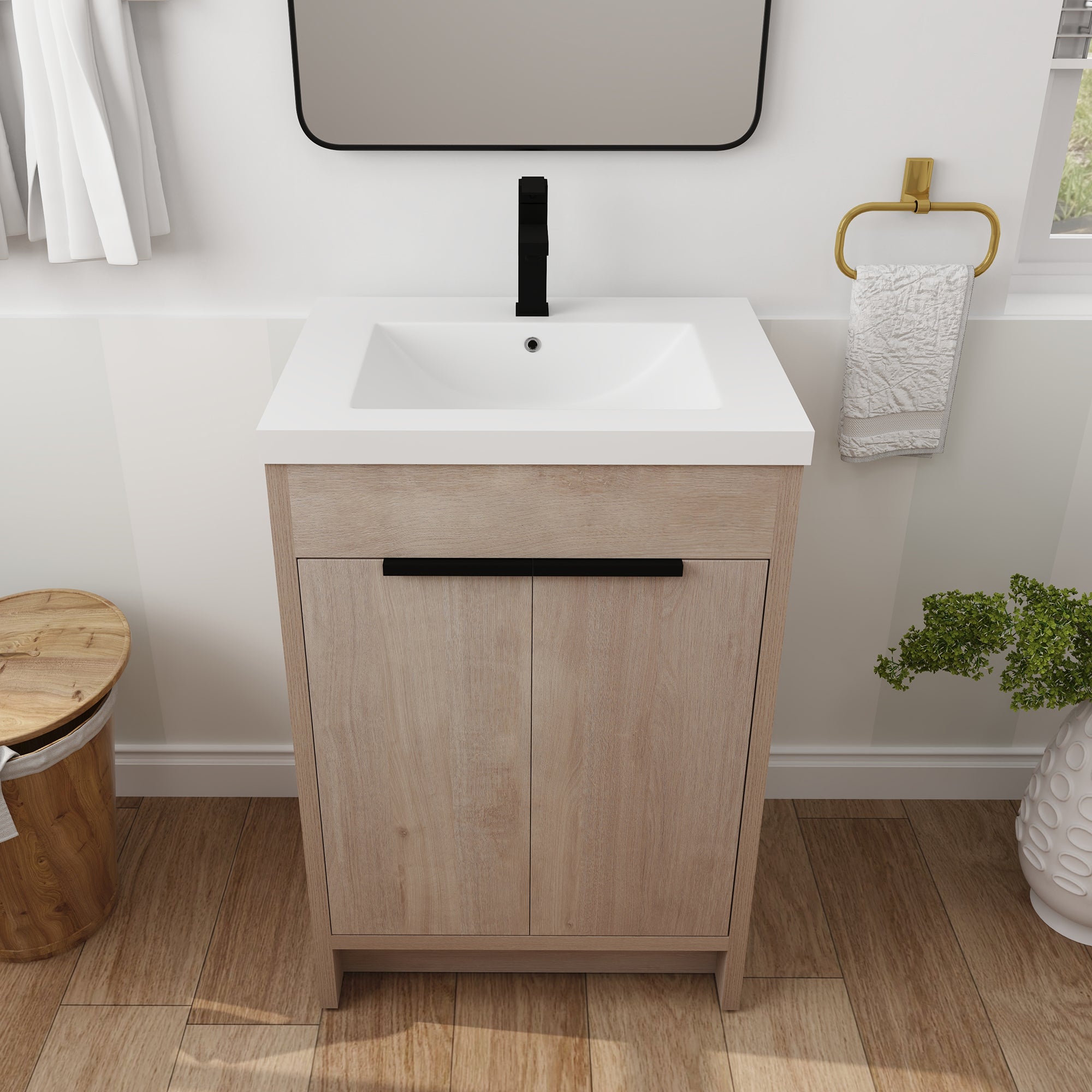24 in. Freestanding Plywood Bathroom Vanity Set in Plain Light Oak with Integrated Sink
