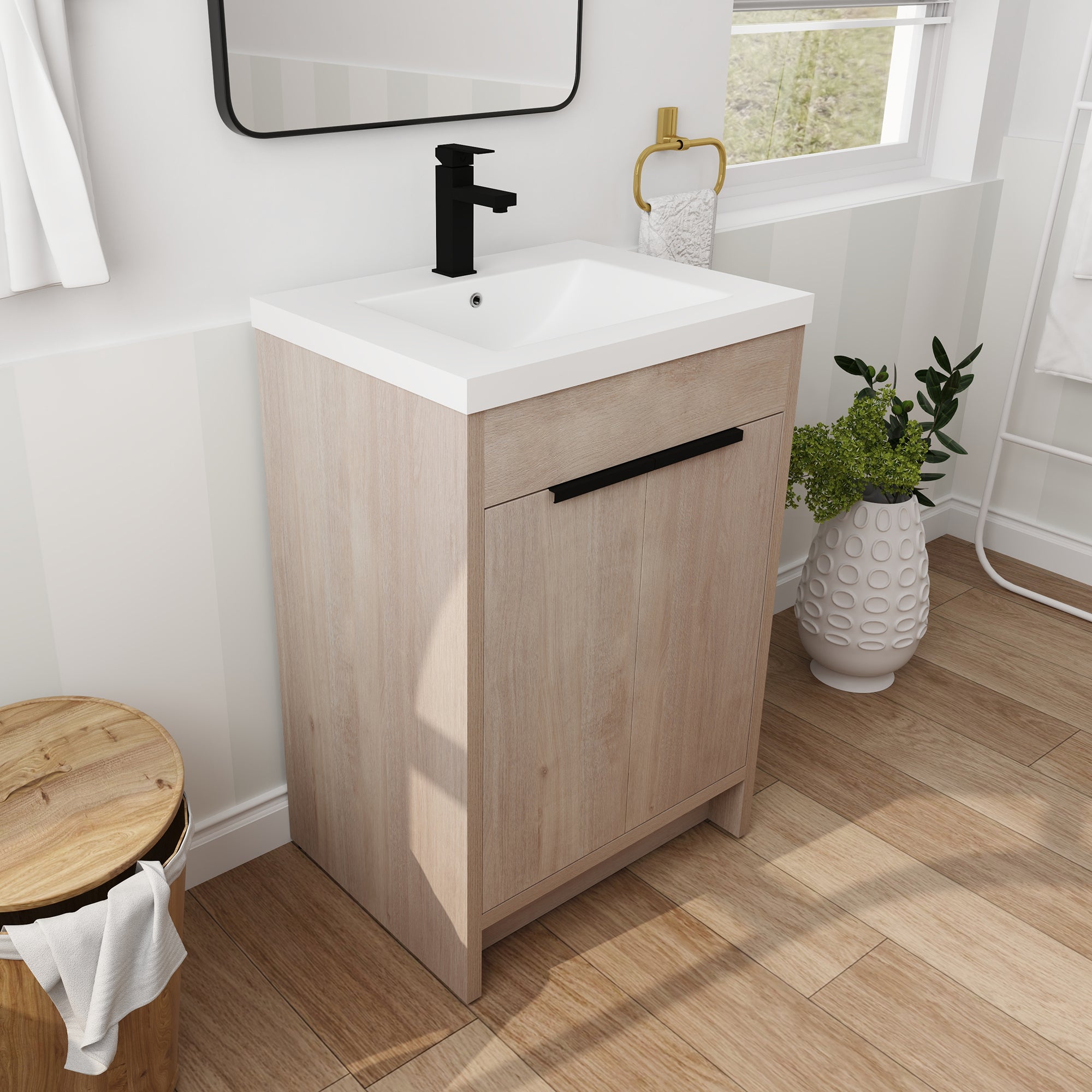 24 in. Freestanding Plywood Bathroom Vanity Set in Plain Light Oak with Integrated Sink