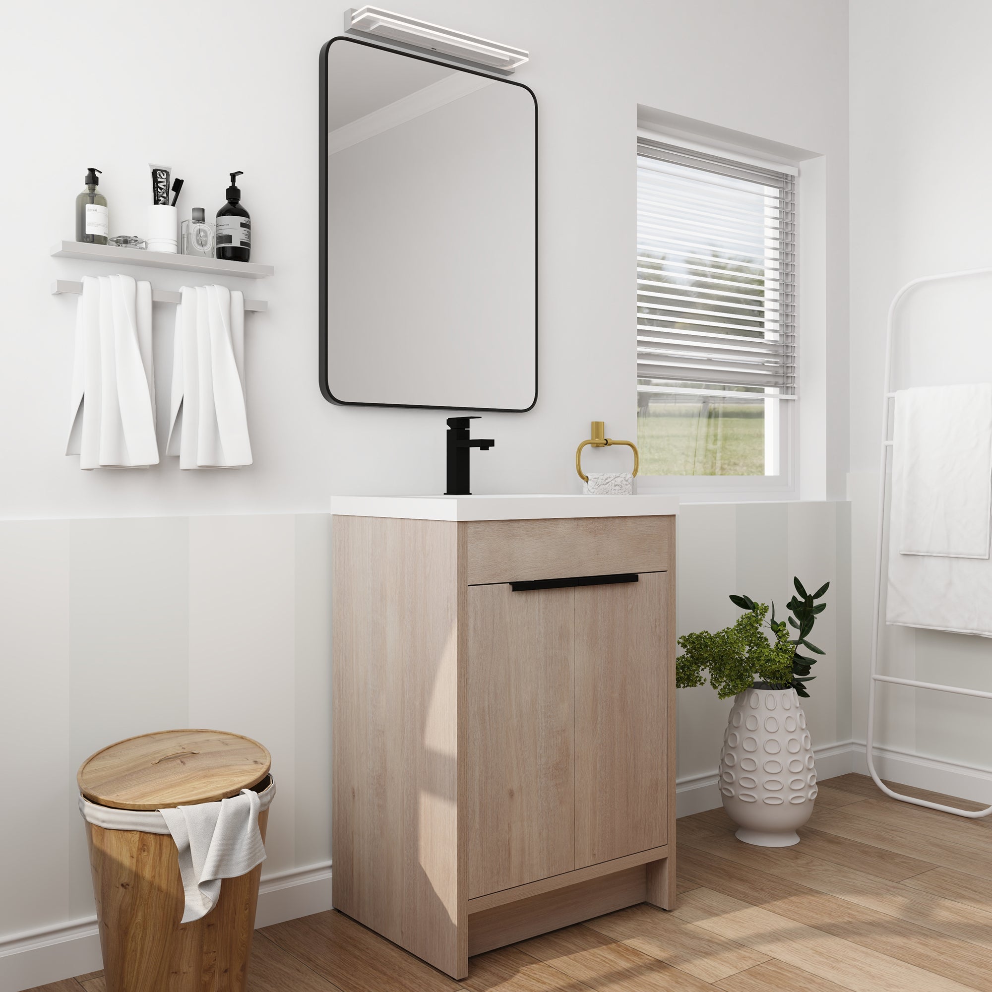 24 in. Freestanding Plywood Bathroom Vanity Set in Plain Light Oak with Integrated Sink