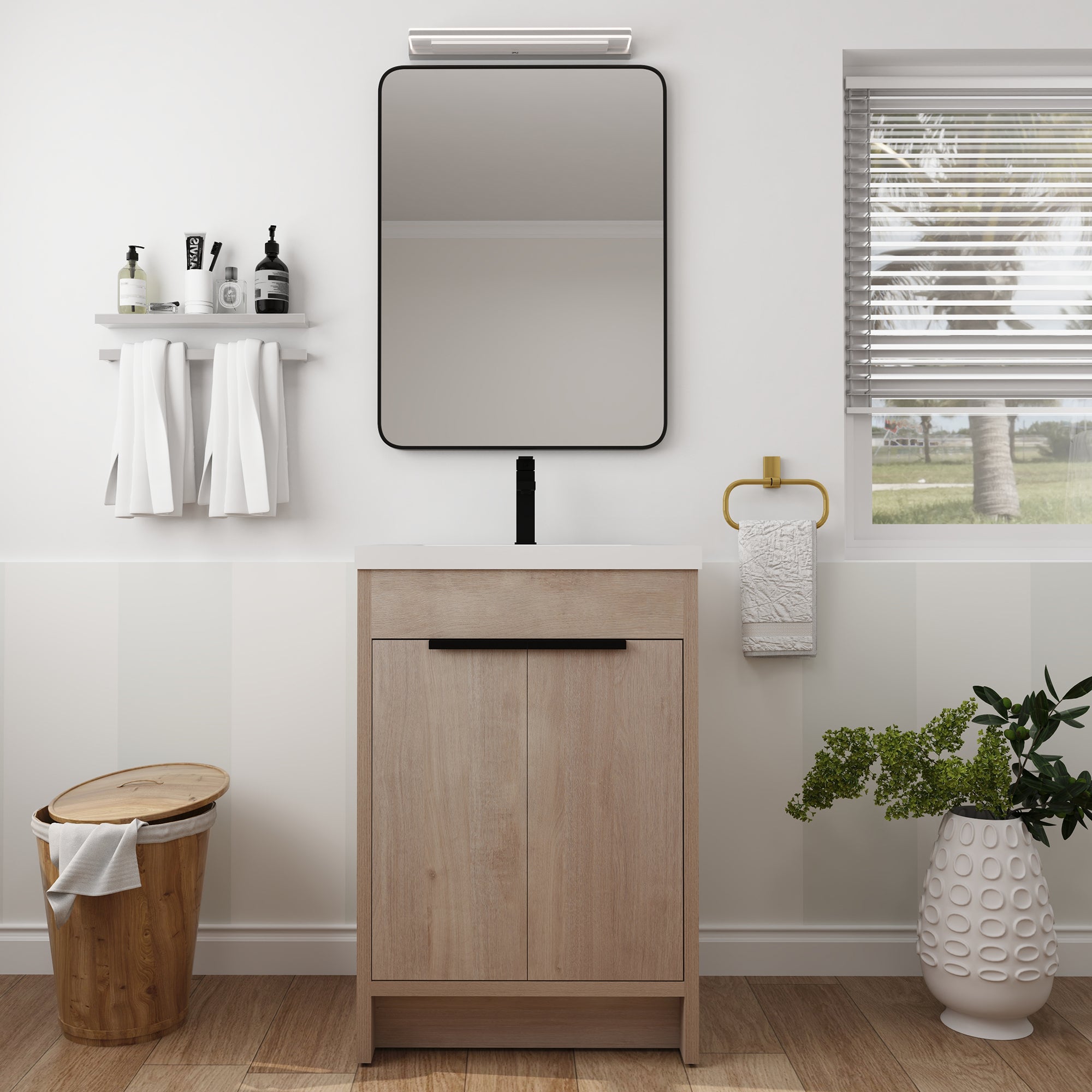 24 in. Freestanding Plywood Bathroom Vanity Set in Plain Light Oak with Integrated Sink