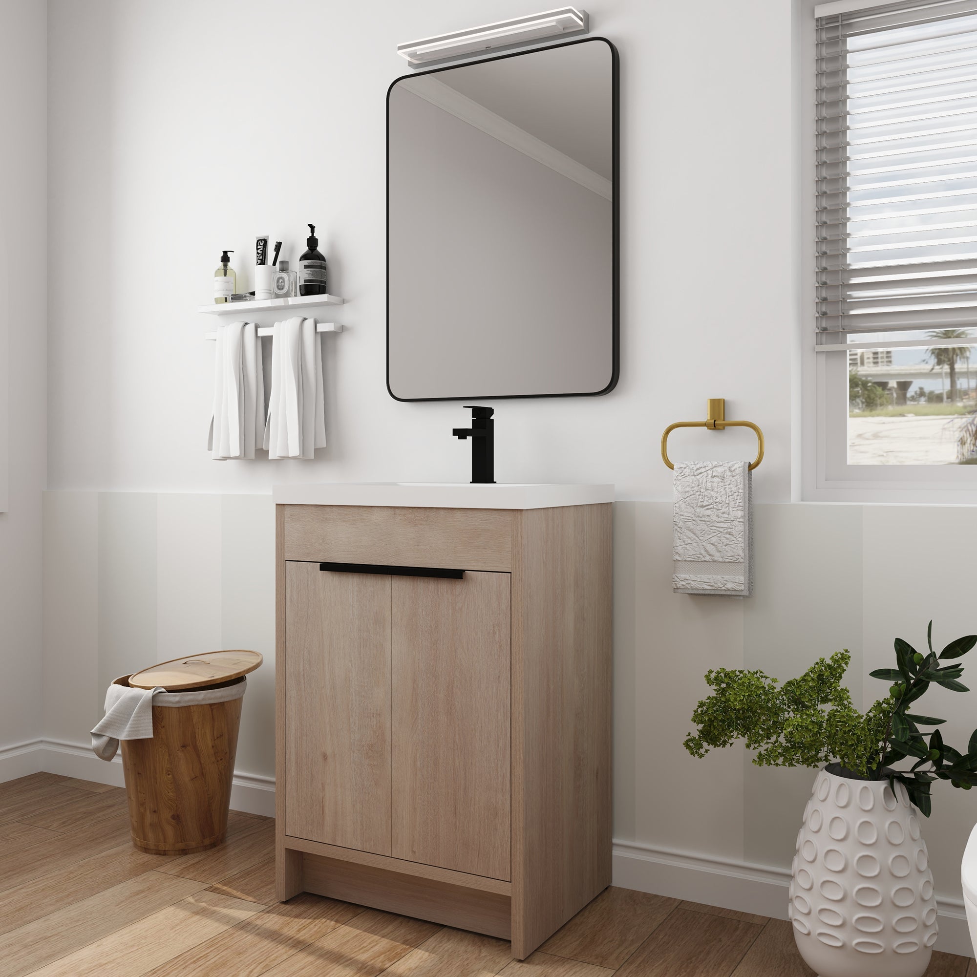 24 in. Freestanding Plywood Bathroom Vanity Set in Plain Light Oak with Integrated Sink