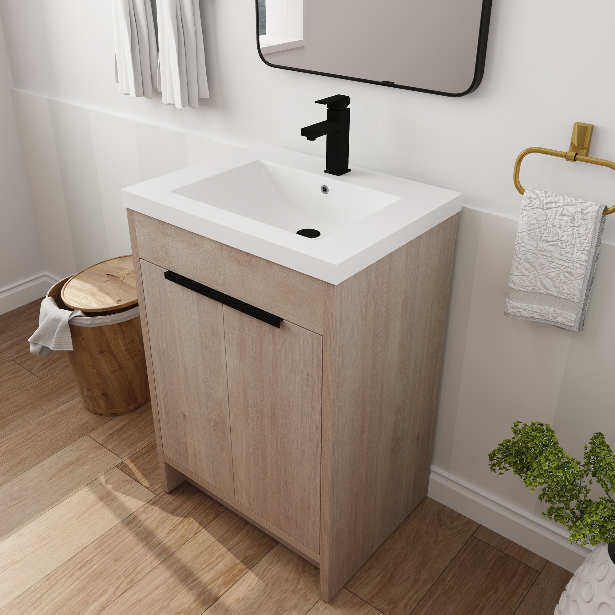 24 in. Freestanding Plywood Bathroom Vanity Set in Plain Light Oak with Integrated Sink