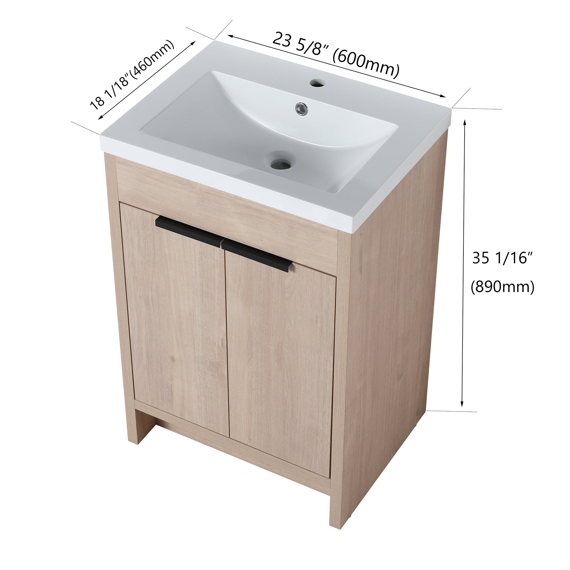 24 in. Freestanding Plywood Bathroom Vanity Set in Plain Light Oak with Integrated Sink