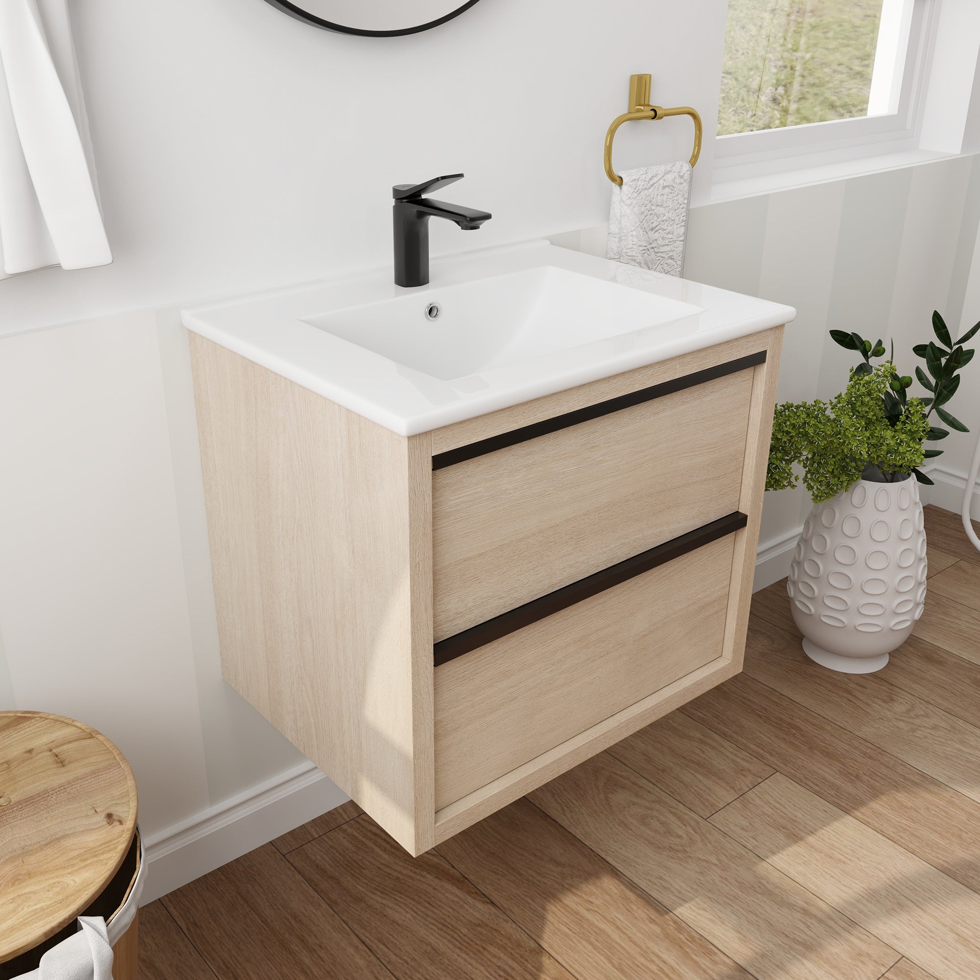 Wall-Mounted Plywood Bathroom Vanity Set in Plain Light Oak with Integrated Sink