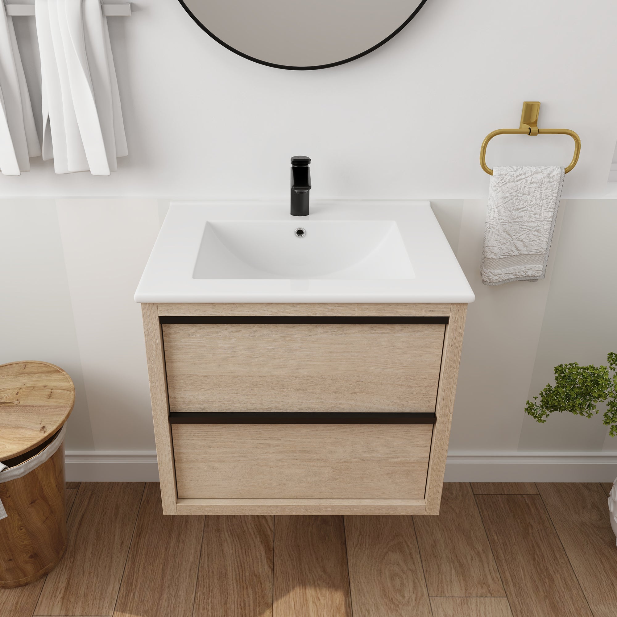 Wall-Mounted Plywood Bathroom Vanity Set in Plain Light Oak with Integrated Sink