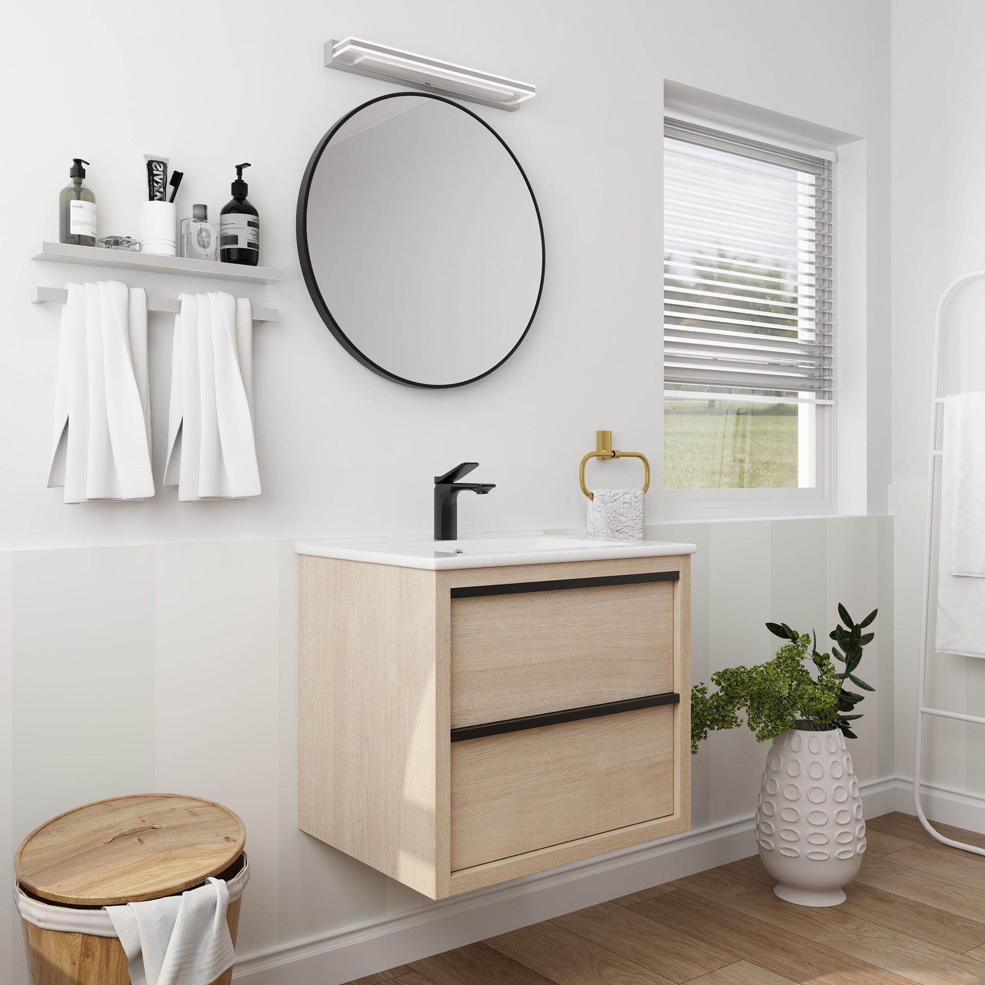 Wall-Mounted Plywood Bathroom Vanity Set in Plain Light Oak with Integrated Sink