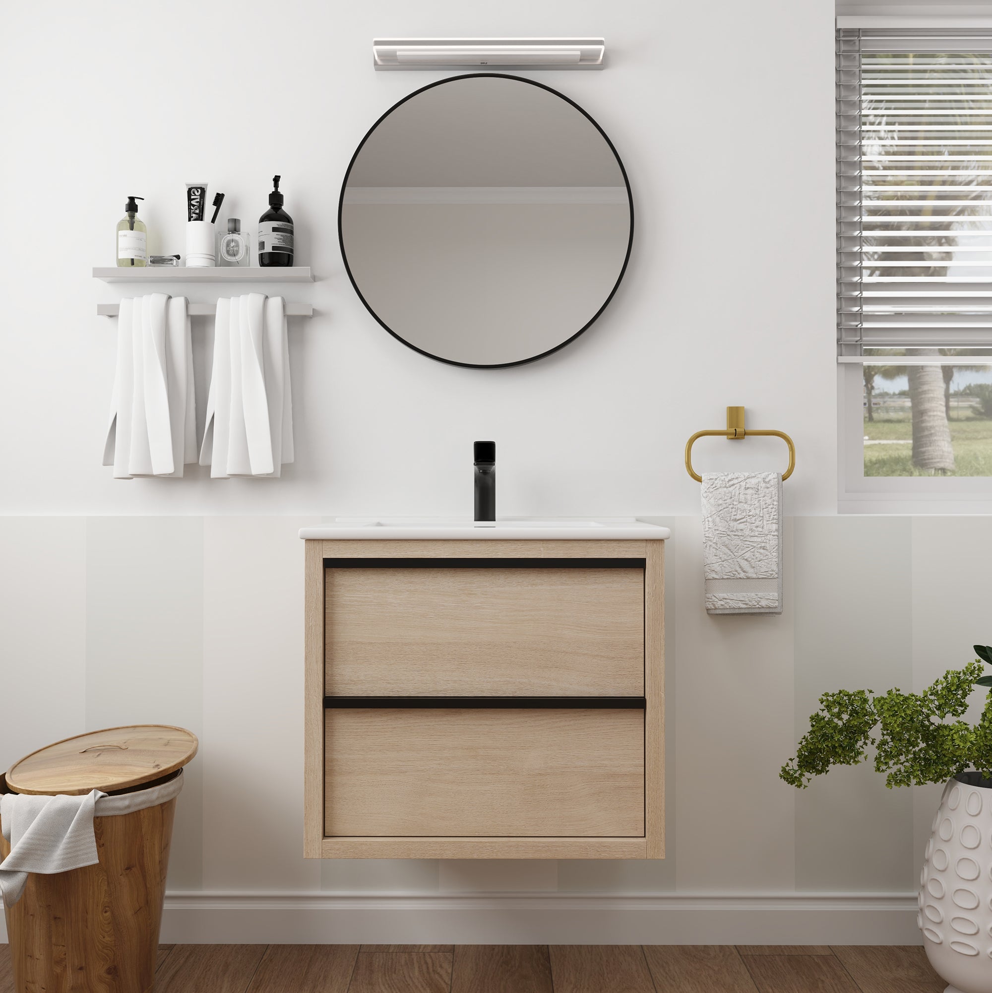 Wall-Mounted Plywood Bathroom Vanity Set in Plain Light Oak with Integrated Sink