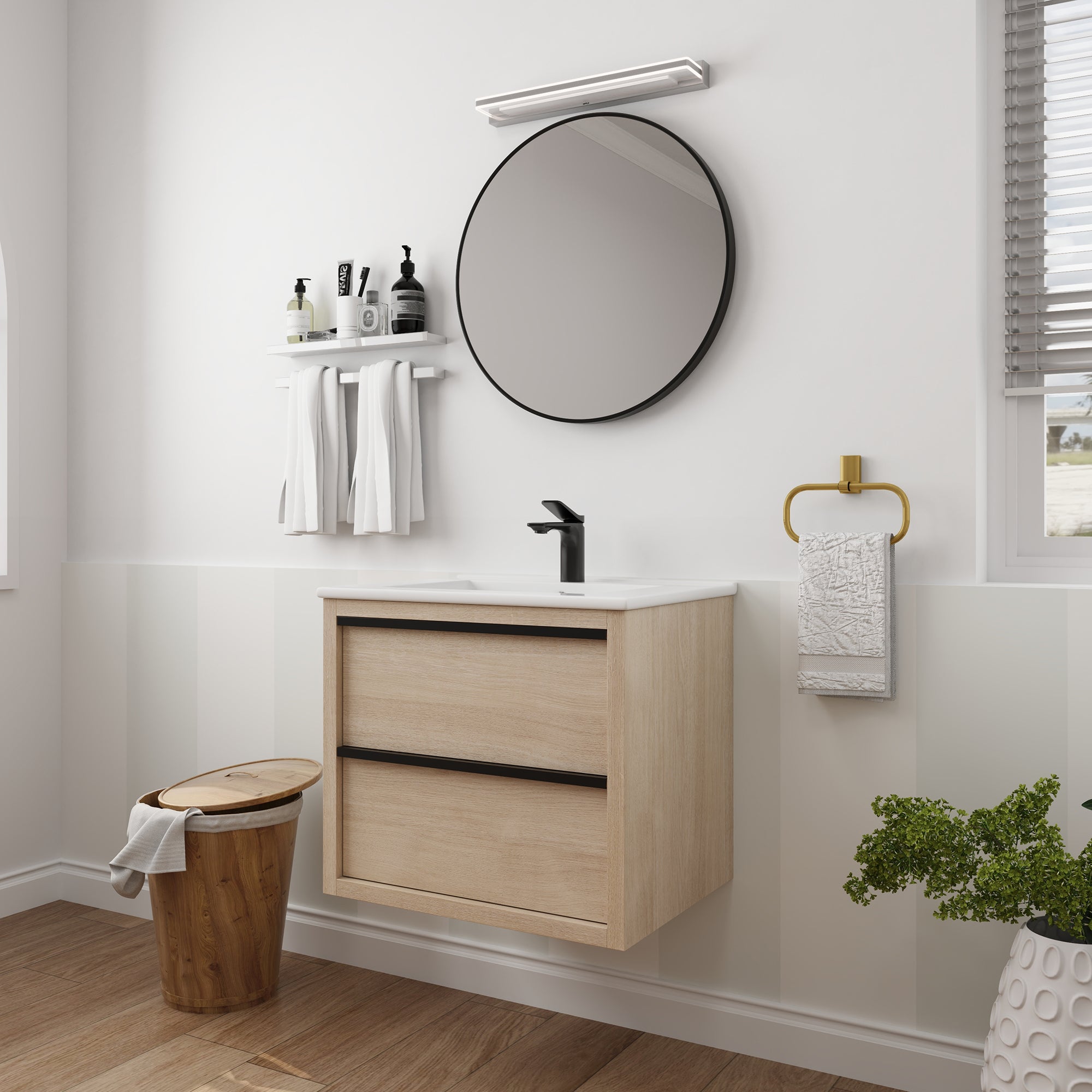 Wall-Mounted Plywood Bathroom Vanity Set in Plain Light Oak with Integrated Sink