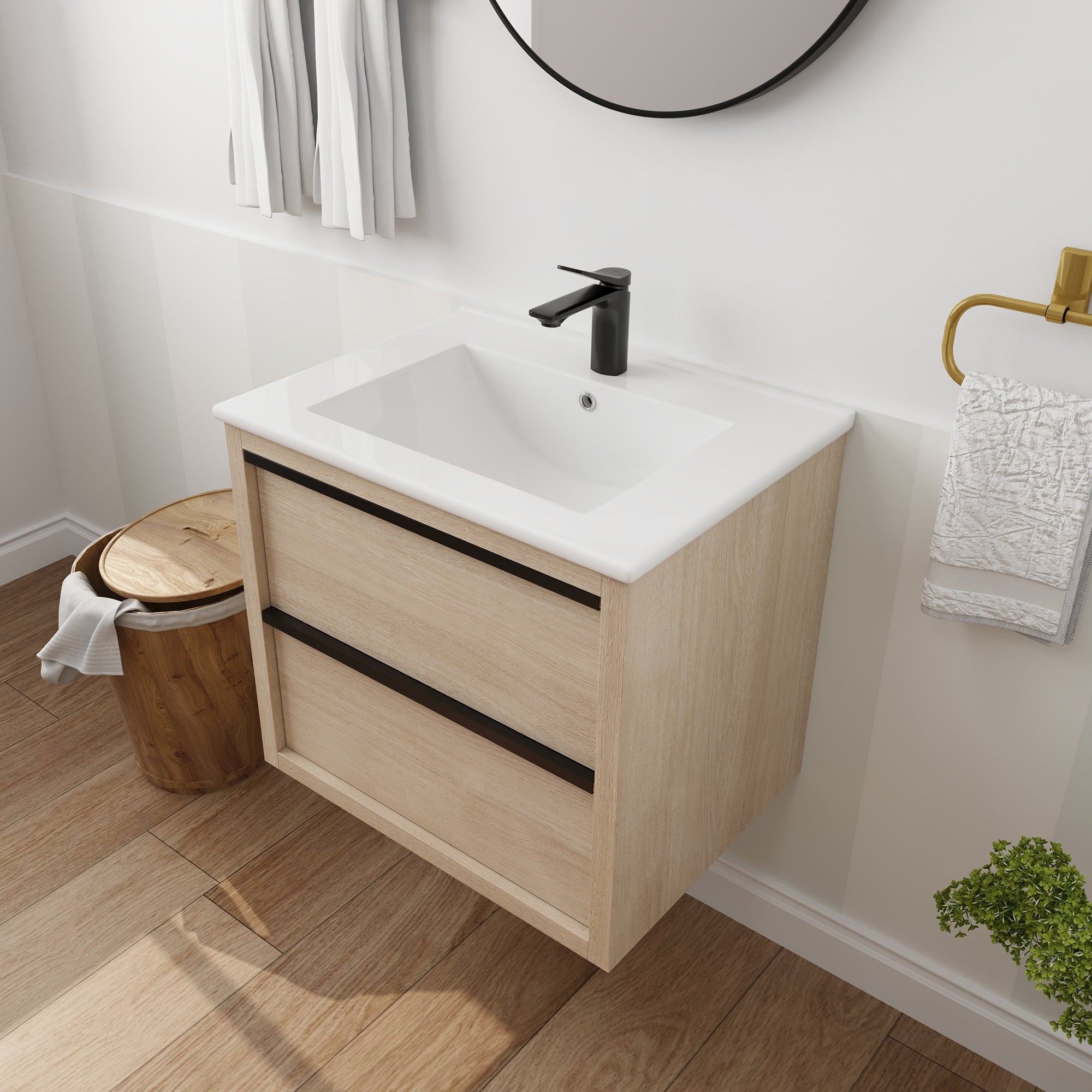 Wall-Mounted Plywood Bathroom Vanity Set in Plain Light Oak with Integrated Sink