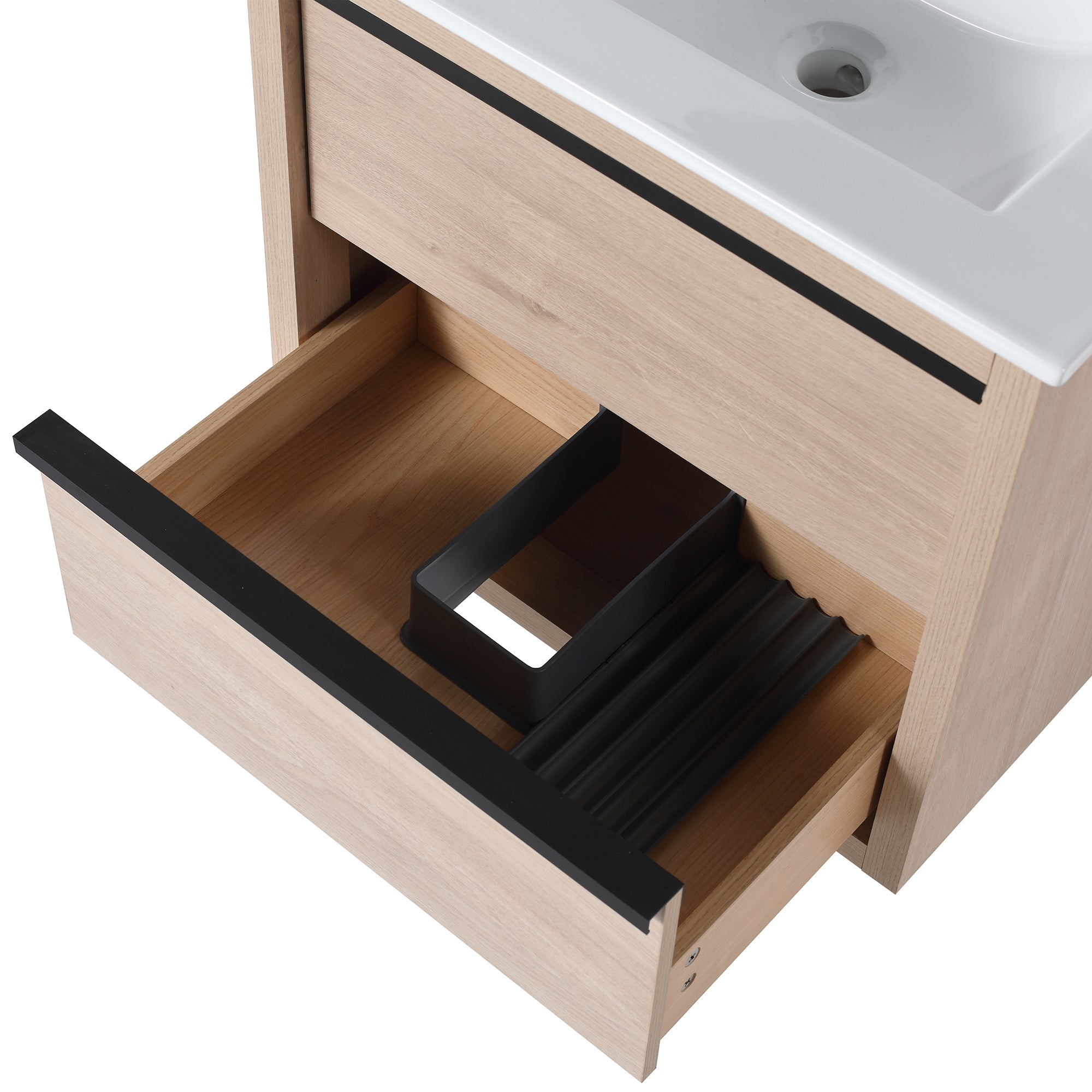 Wall-Mounted Plywood Bathroom Vanity Set in Plain Light Oak with Integrated Sink