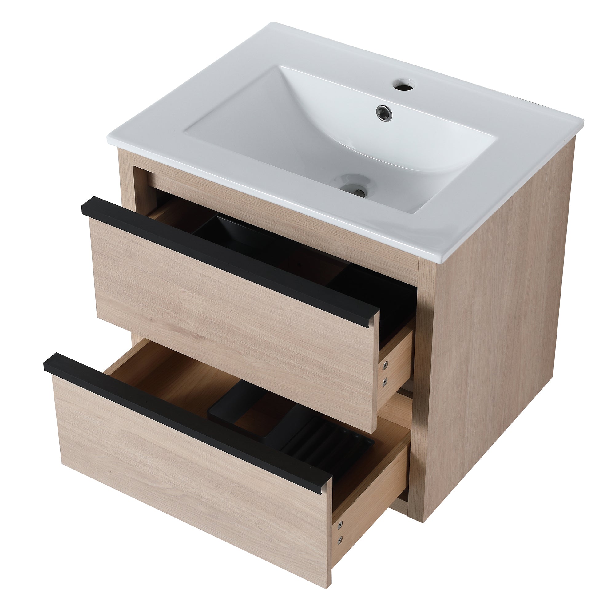 Wall-Mounted Plywood Bathroom Vanity Set in Plain Light Oak with Integrated Sink