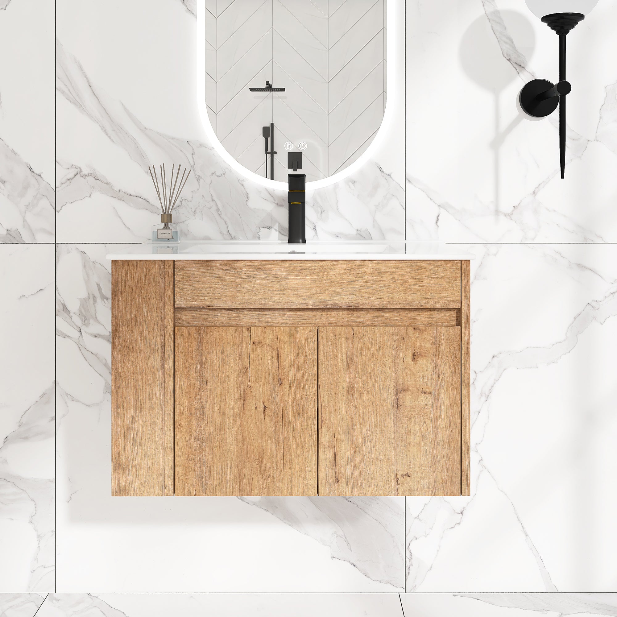 30 inch Plywood Wall-Mounted Bathroom Vanity Set with Integrated Ceramic Sink