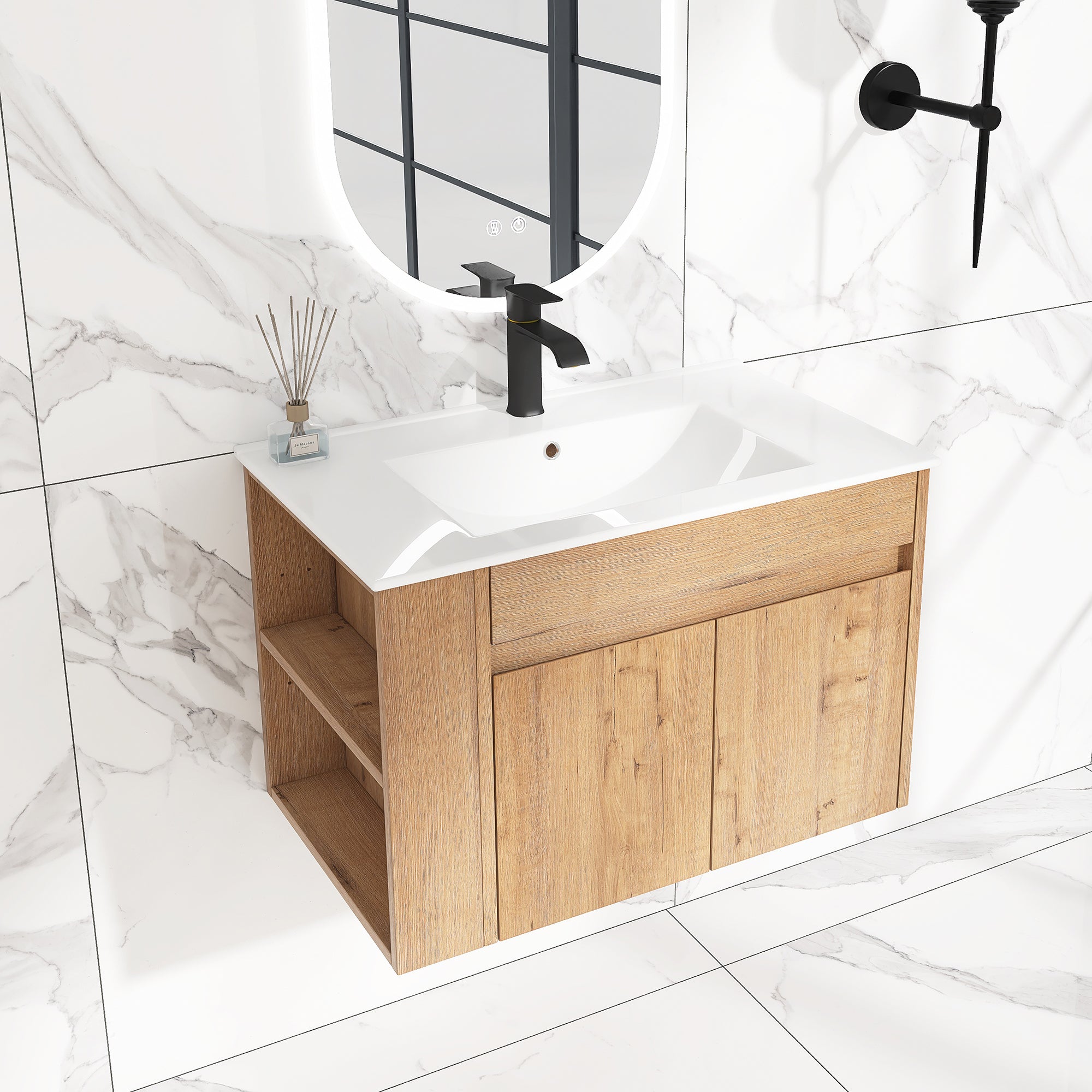 30 inch Plywood Wall-Mounted Bathroom Vanity Set with Integrated Ceramic Sink