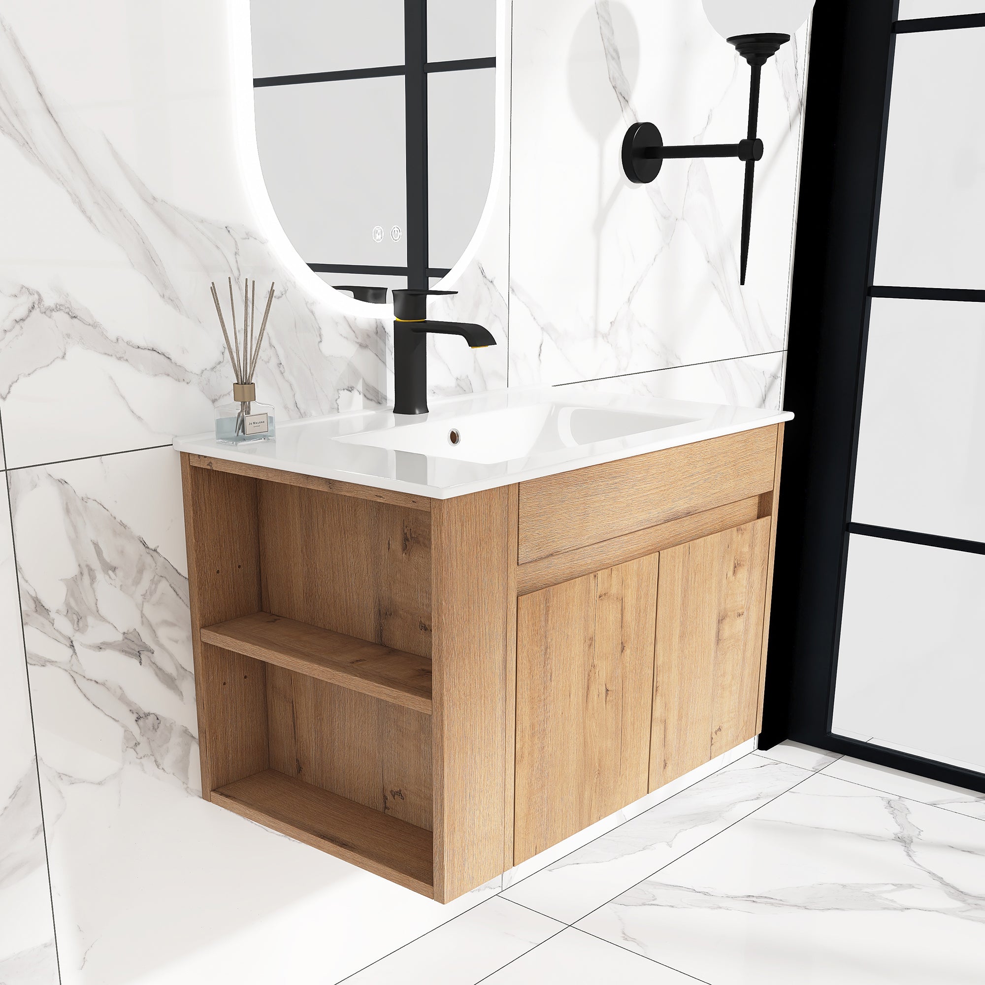 30 inch Plywood Wall-Mounted Bathroom Vanity Set with Integrated Ceramic Sink