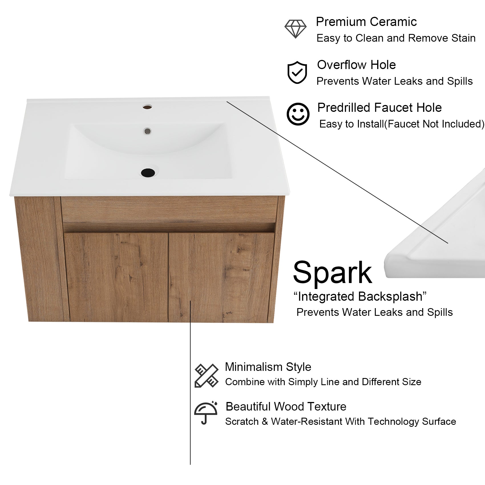 30 inch Plywood Wall-Mounted Bathroom Vanity Set with Integrated Ceramic Sink