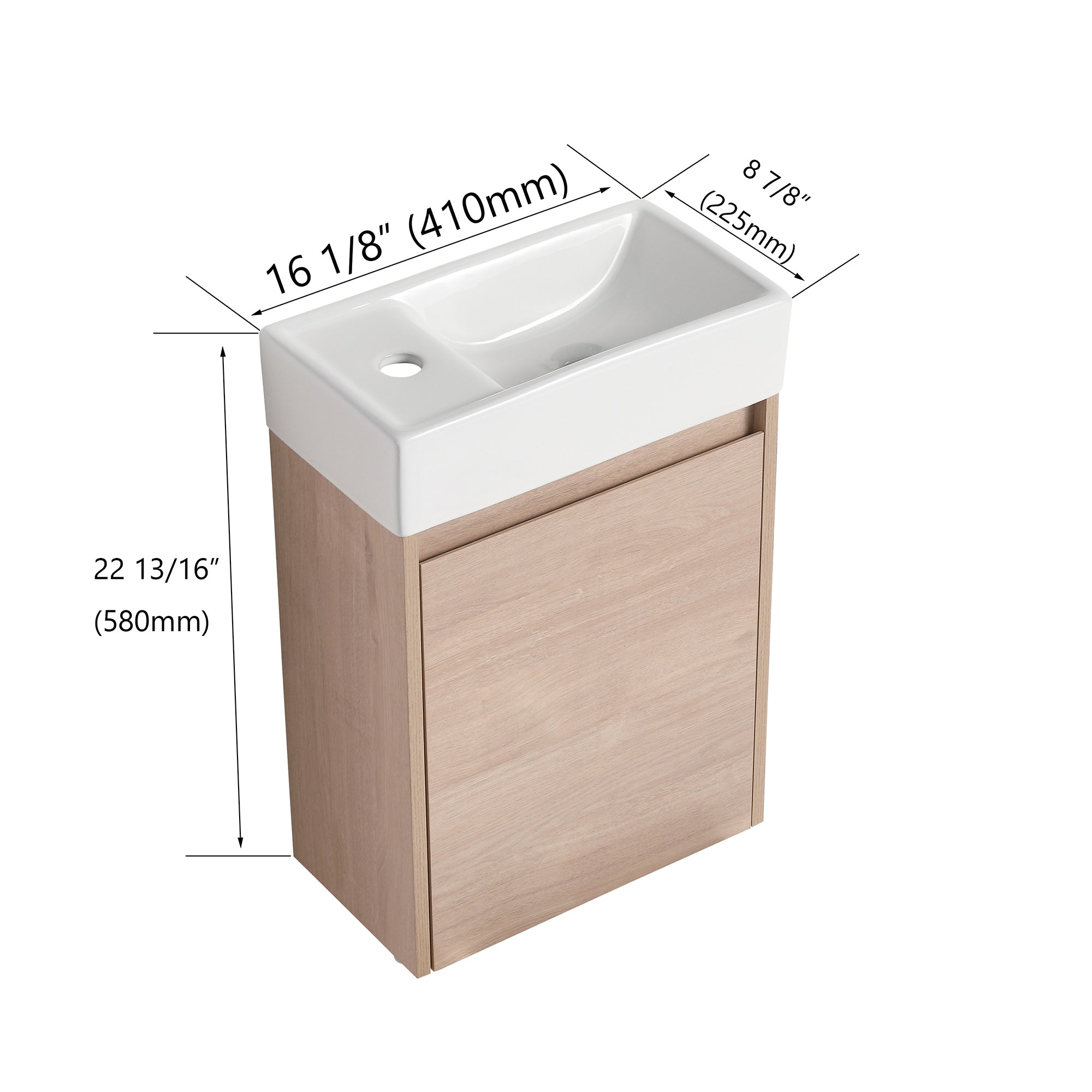 16 in. Plywood Wall Mounted Bathroom Vanity Set in Plain Light Oak with Integrated Ceramic Sink