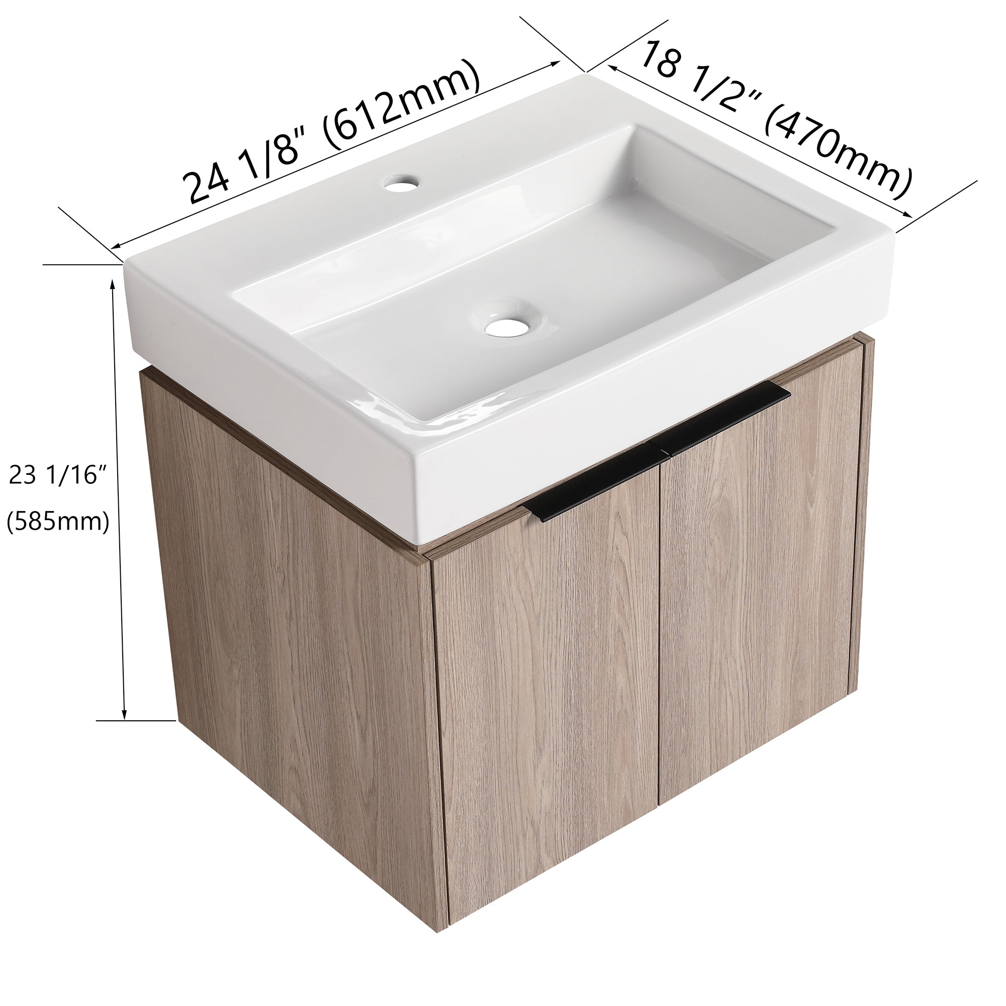 24 in. Plywood Wall Mounted Bathroom Vanity Set in White oak with Integrated Ceramic Sink