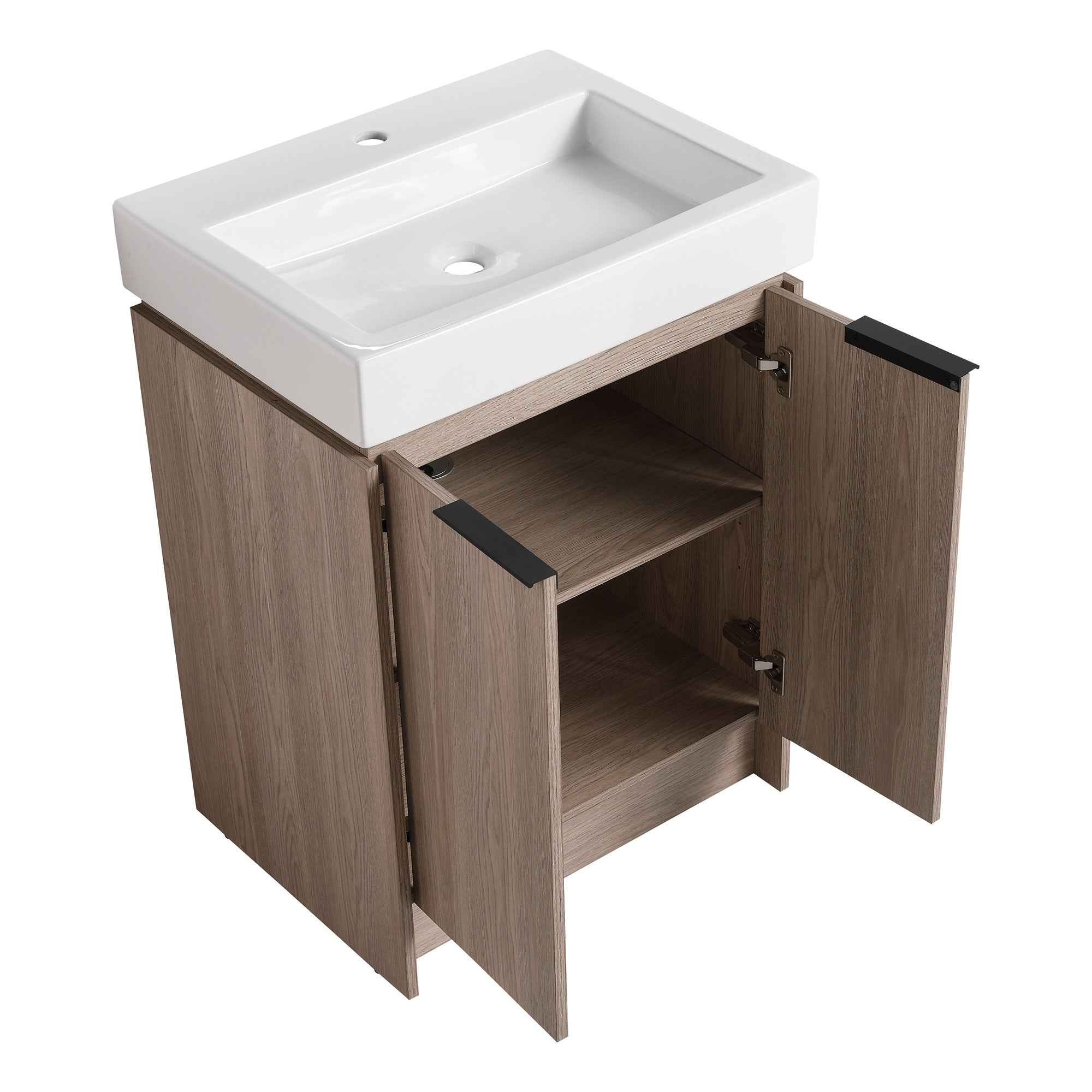 24 in. Plywood Freestanding Bathroom Vanity Set in White Oak with Integrated Ceramic Sink