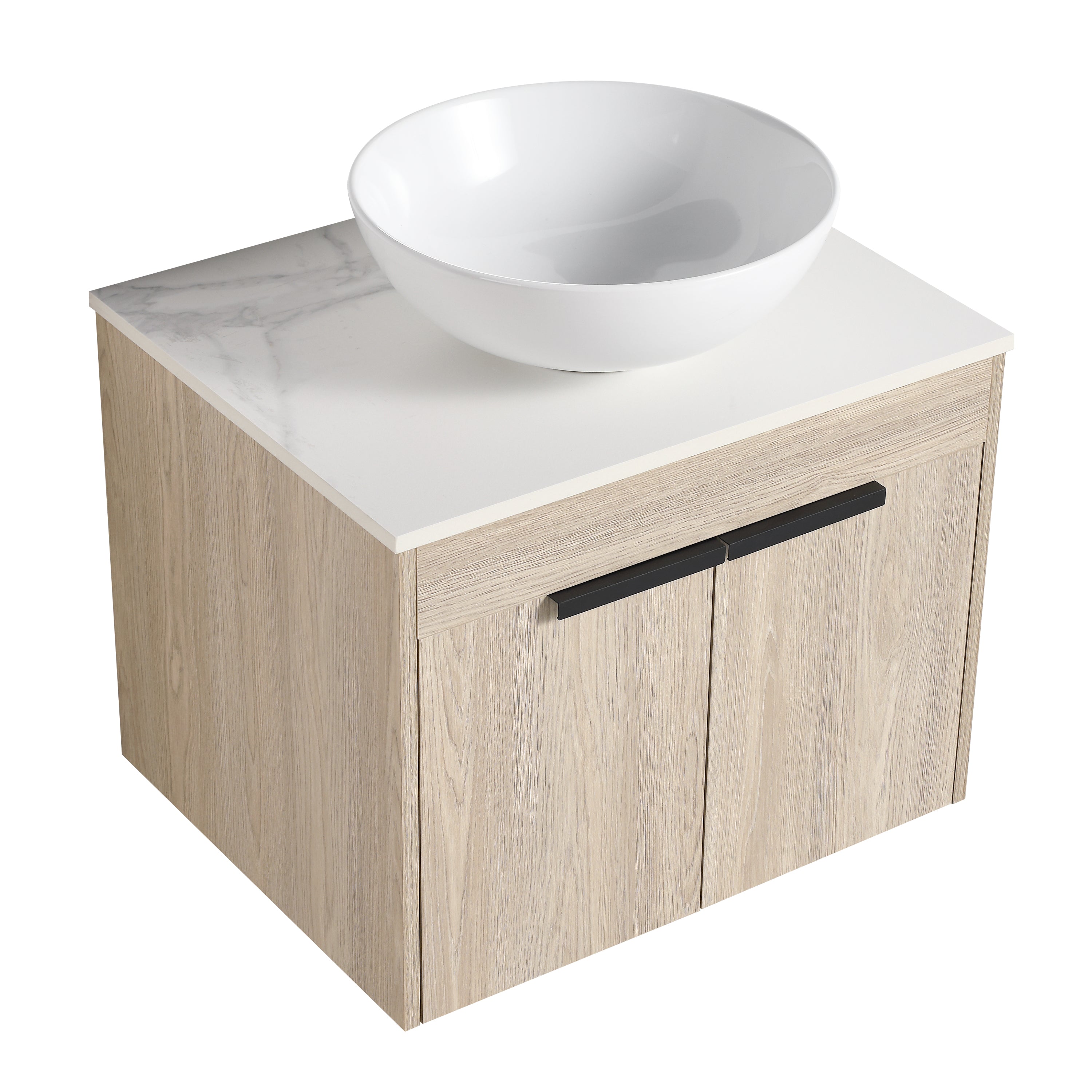 Wall-Mounted Bathroom Vanity in White Oak with White Ceramic Vessel Sink