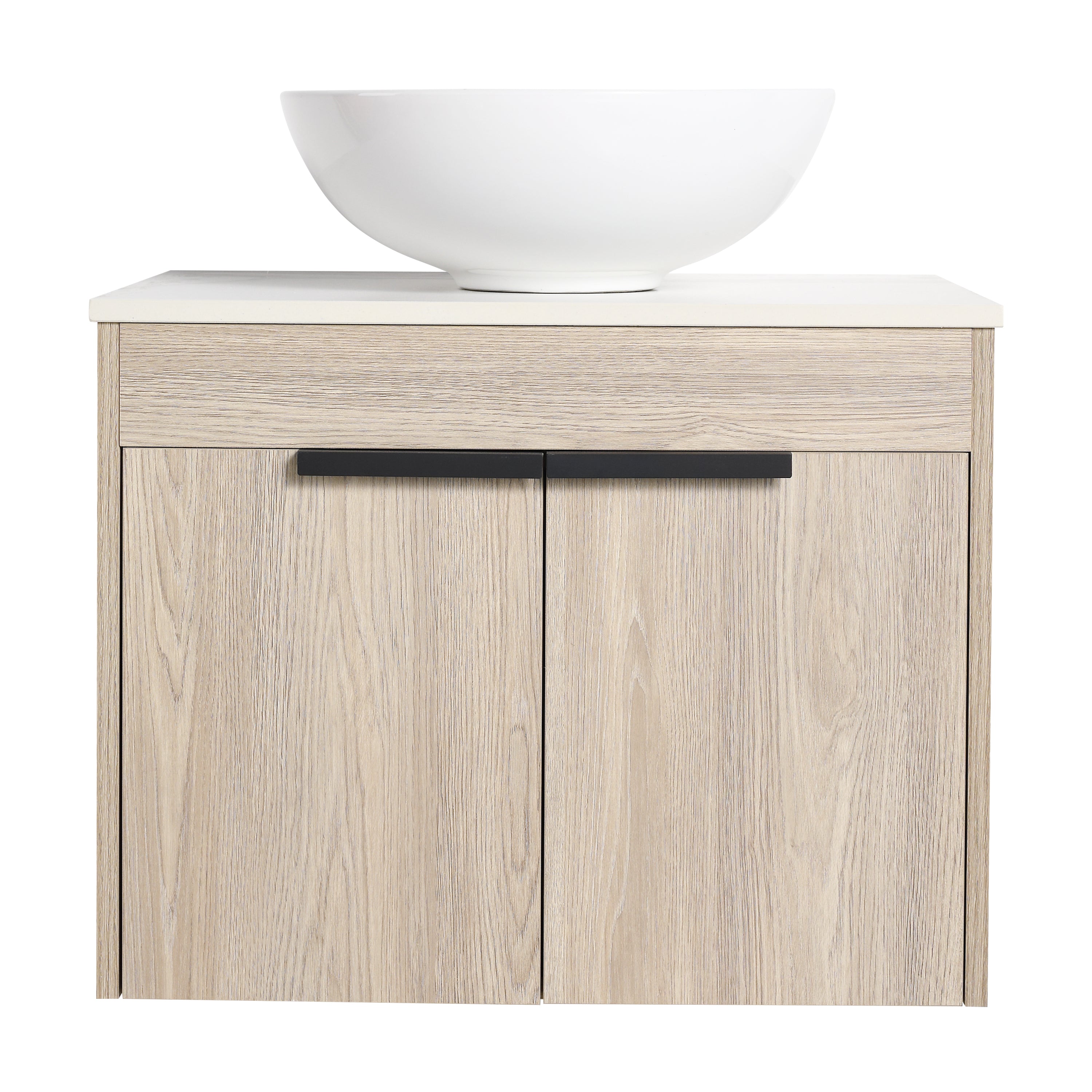 Wall-Mounted Bathroom Vanity in White Oak with White Ceramic Vessel Sink