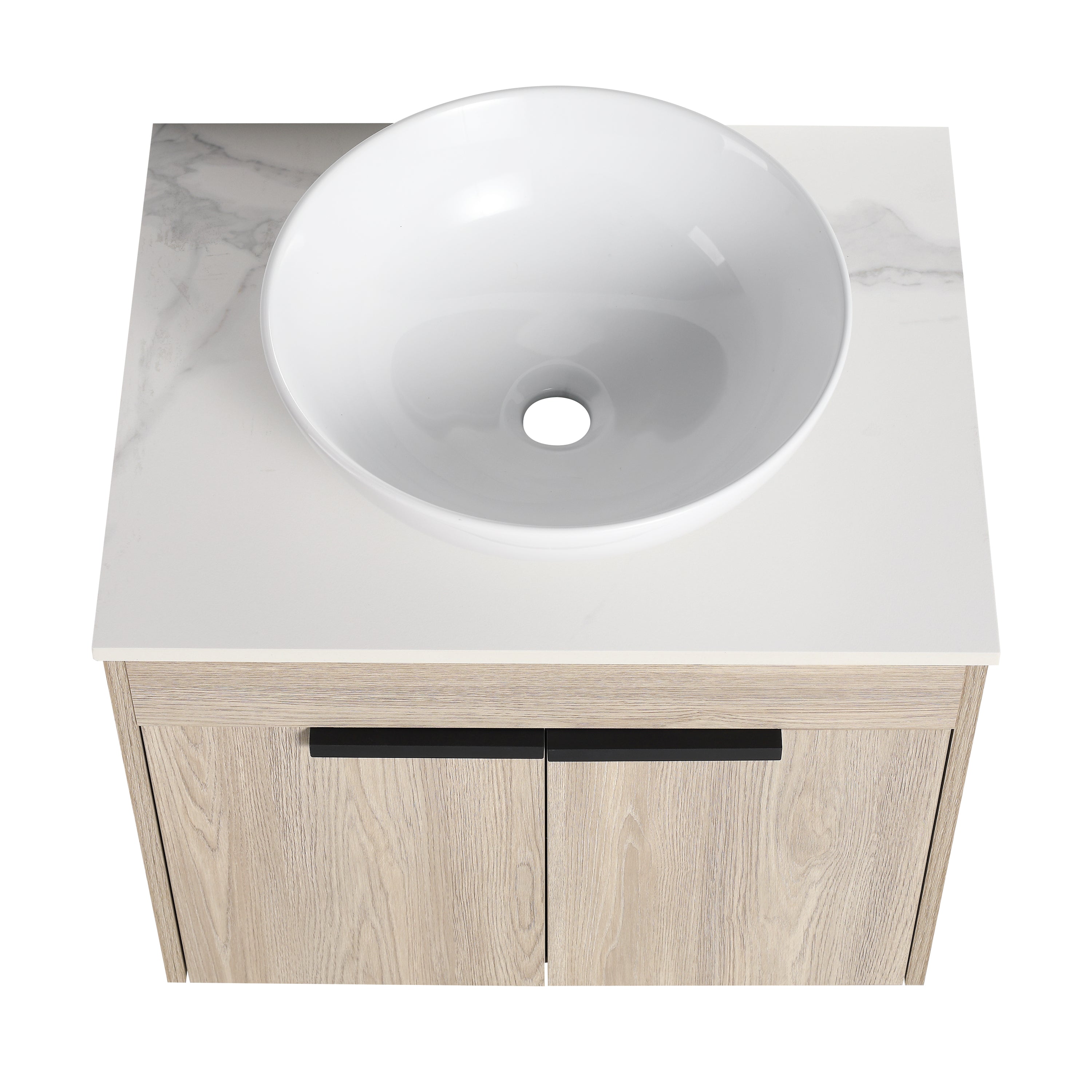 Wall-Mounted Bathroom Vanity in White Oak with White Ceramic Vessel Sink