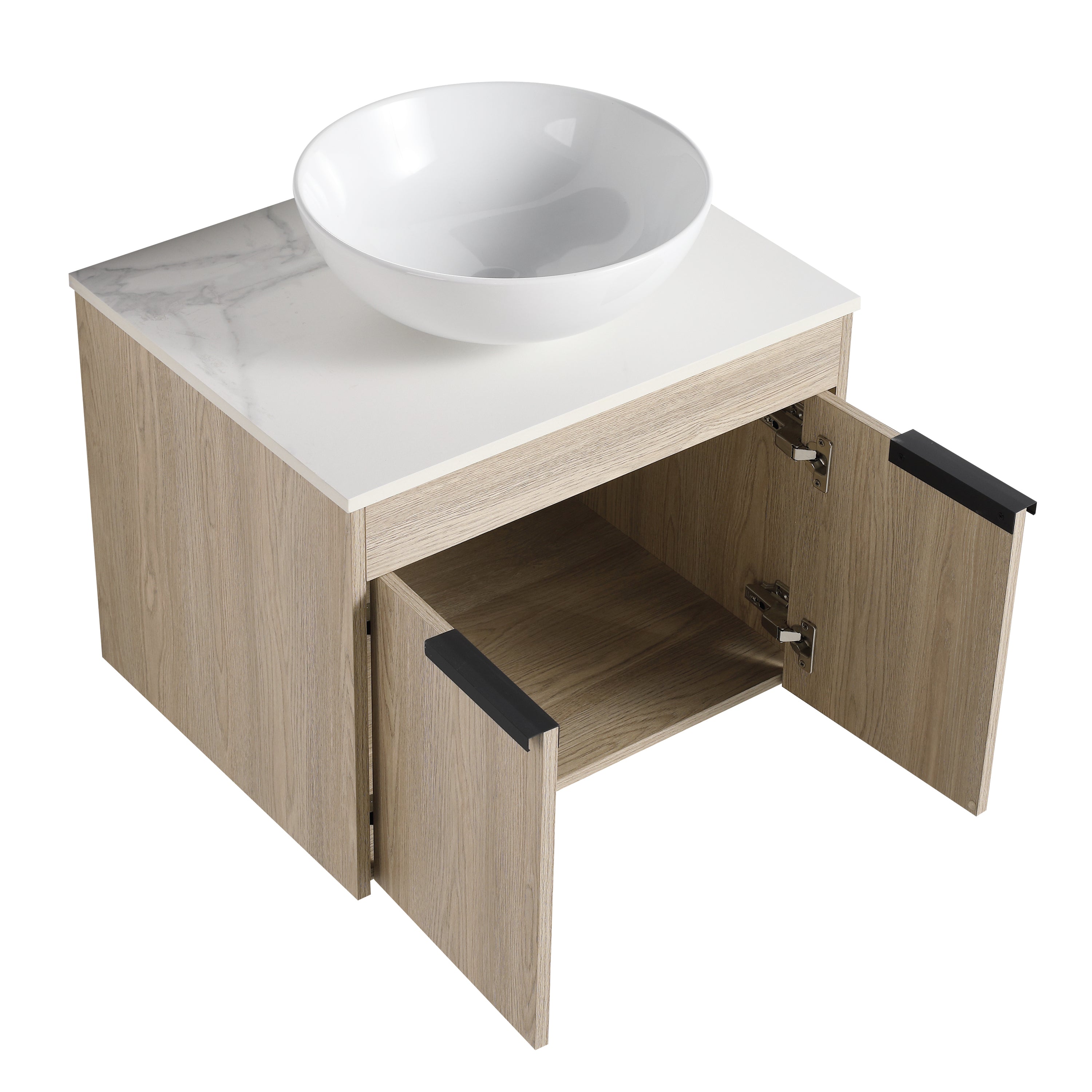 Wall-Mounted Bathroom Vanity in White Oak with White Ceramic Vessel Sink