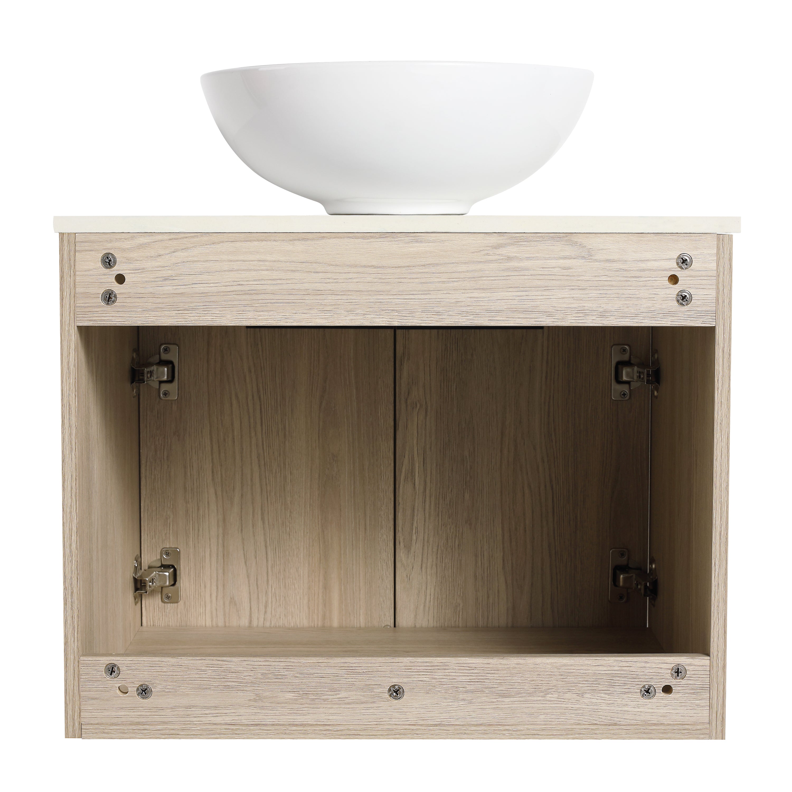 Wall-Mounted Bathroom Vanity in White Oak with White Ceramic Vessel Sink