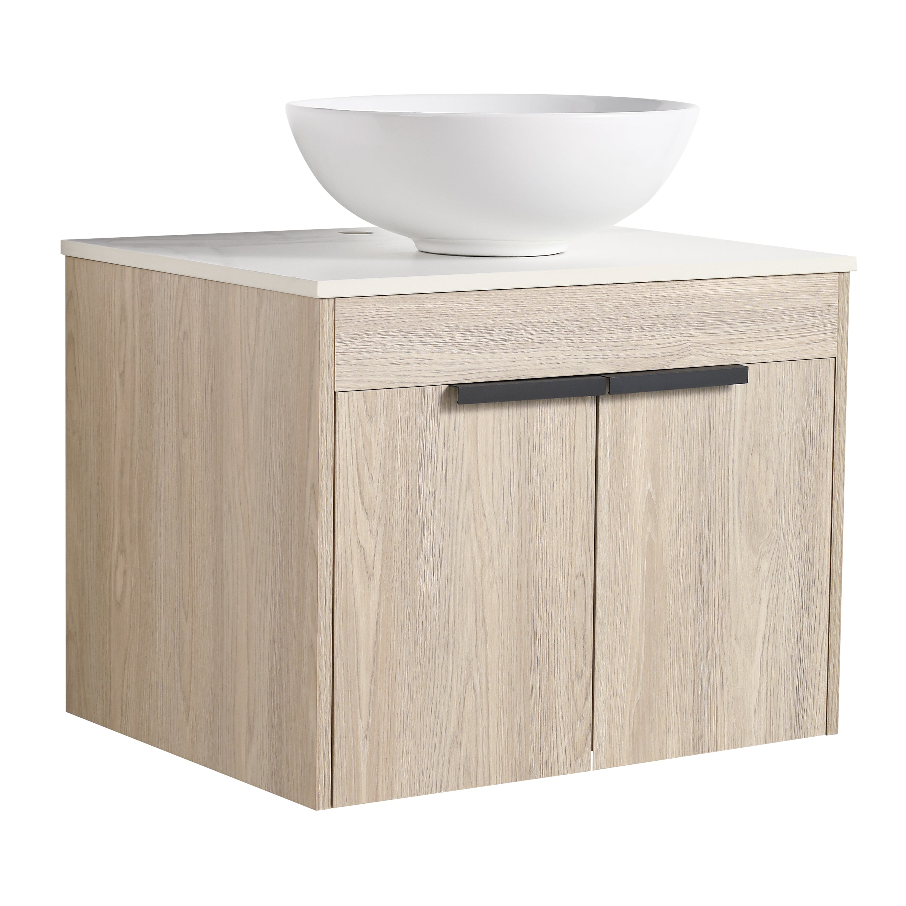 Wall-Mounted Bathroom Vanity in White Oak with White Ceramic Vessel Sink