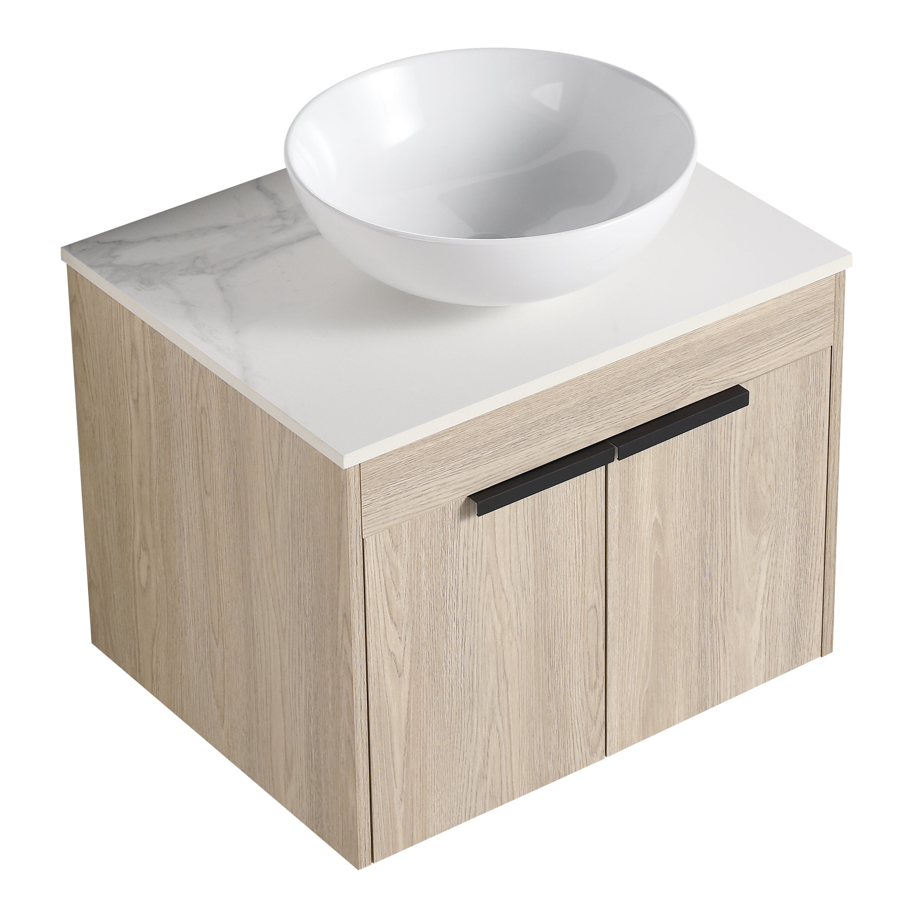 Wall-Mounted Bathroom Vanity in White Oak with White Ceramic Vessel Sink