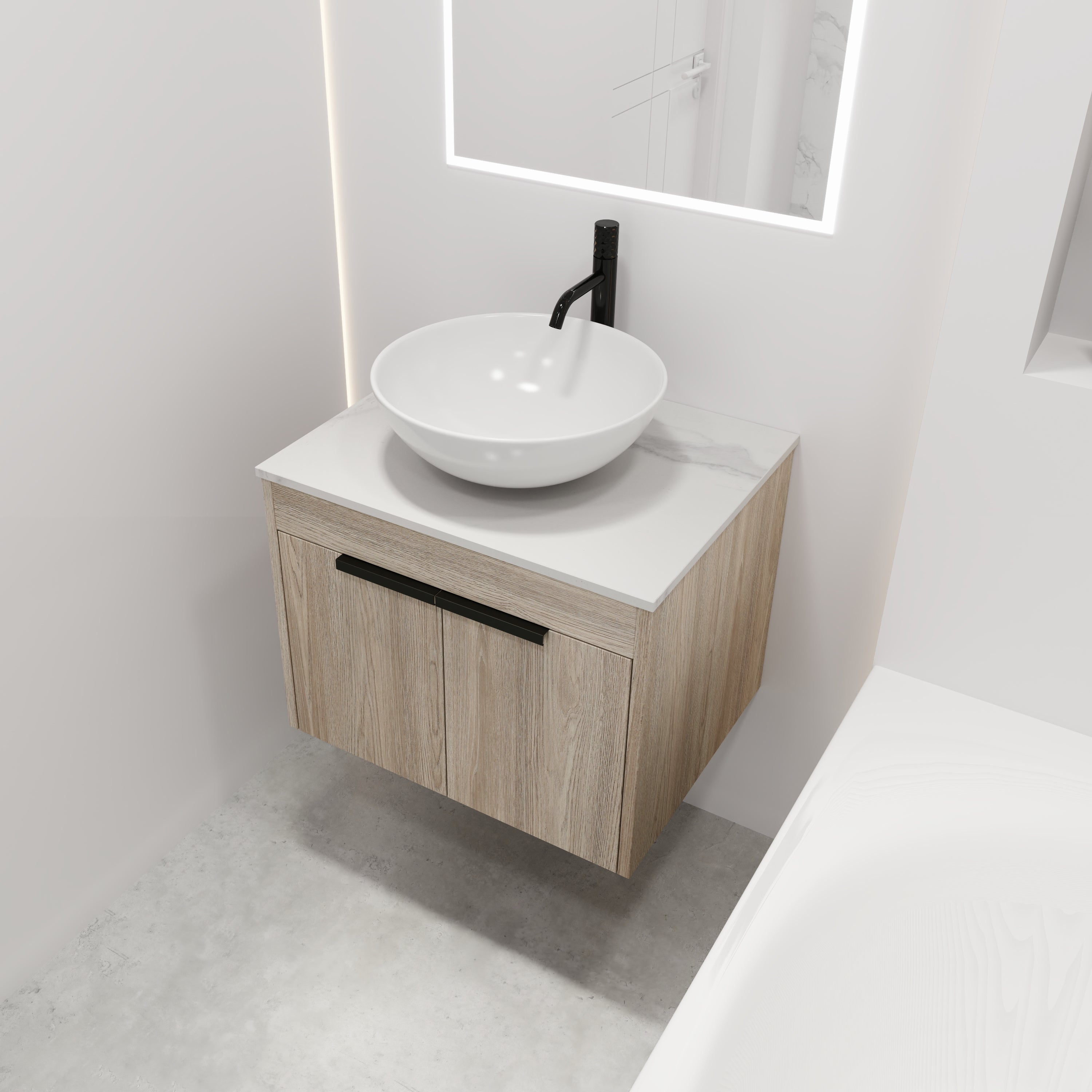 Wall-Mounted Bathroom Vanity in White Oak with White Ceramic Vessel Sink