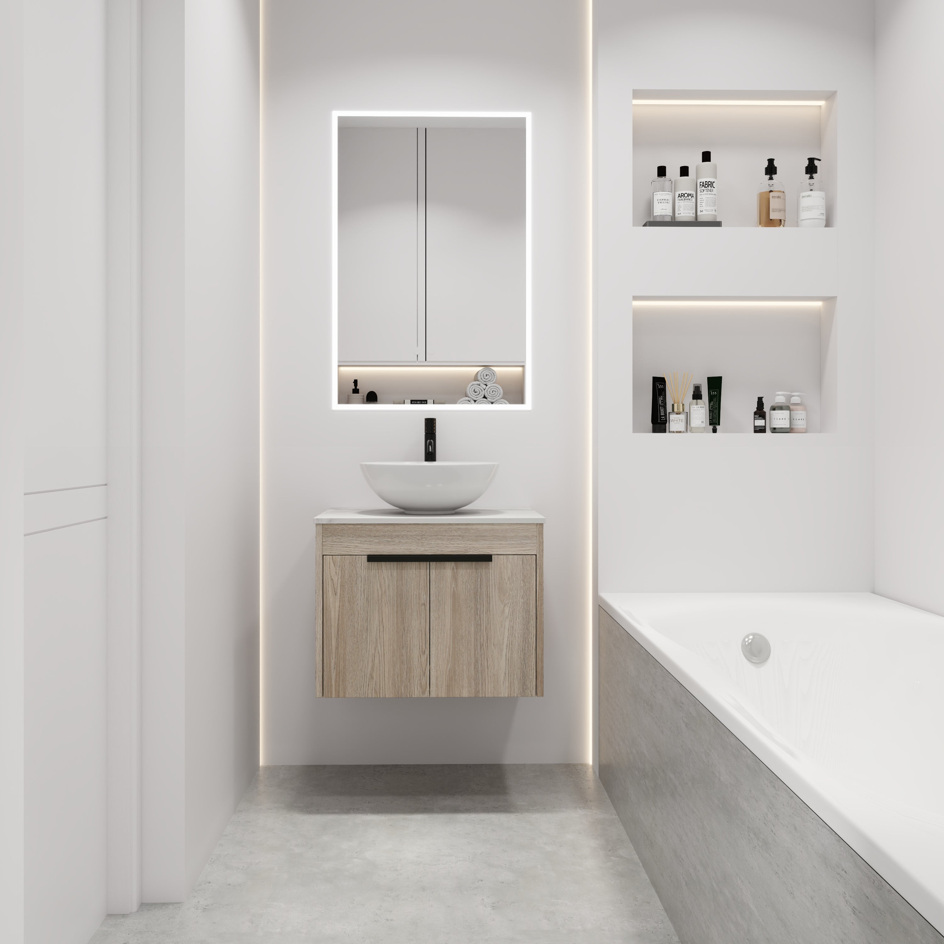 Wall-Mounted Bathroom Vanity in White Oak with White Ceramic Vessel Sink