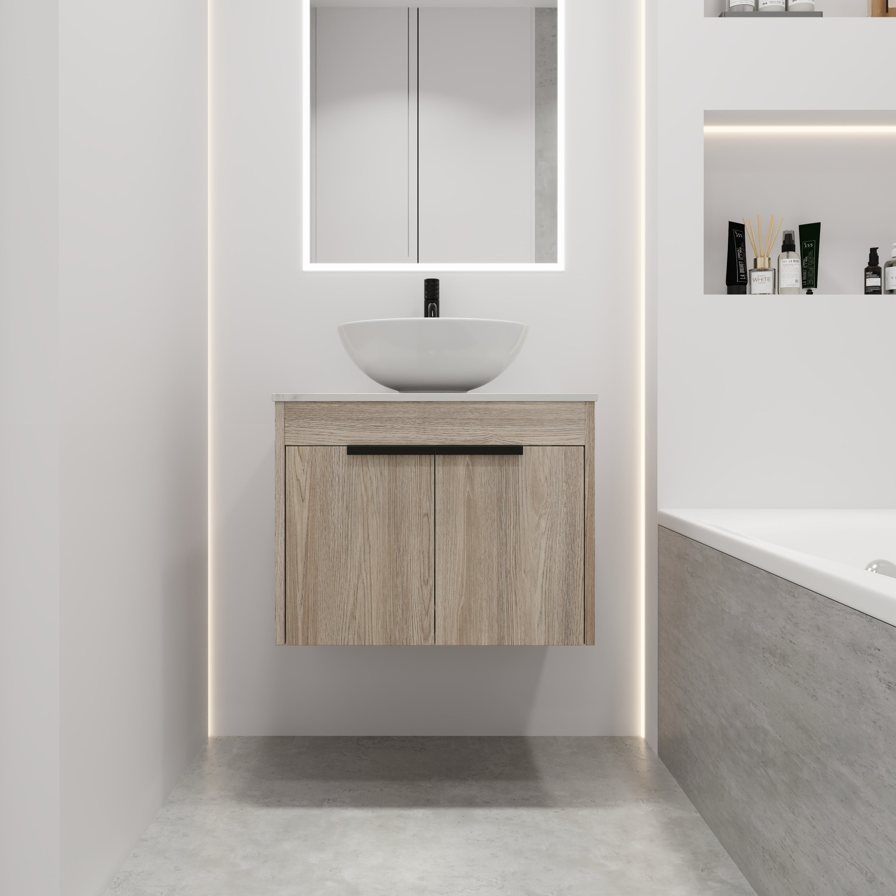 Wall-Mounted Bathroom Vanity in White Oak with White Ceramic Vessel Sink