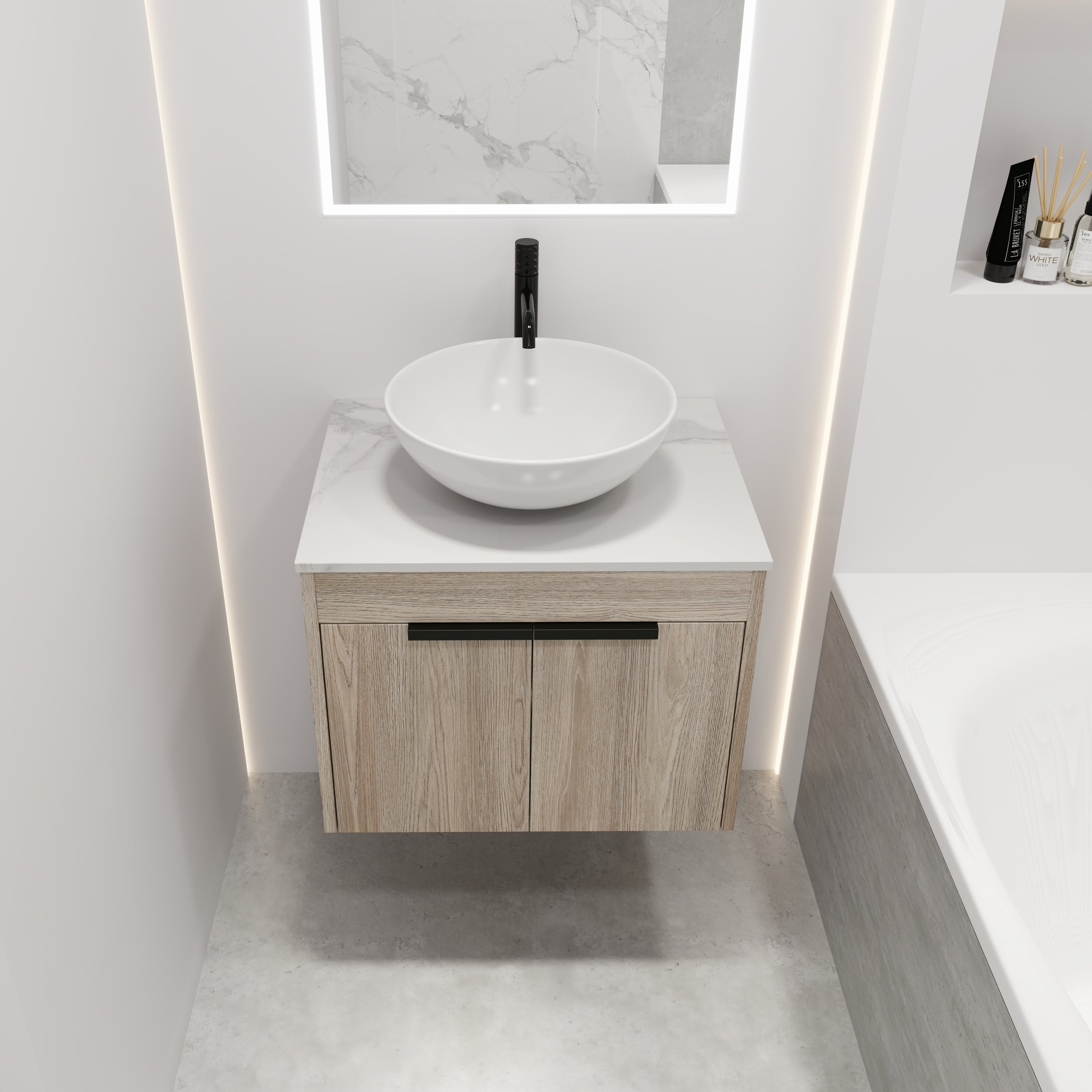 Wall-Mounted Bathroom Vanity in White Oak with White Ceramic Vessel Sink