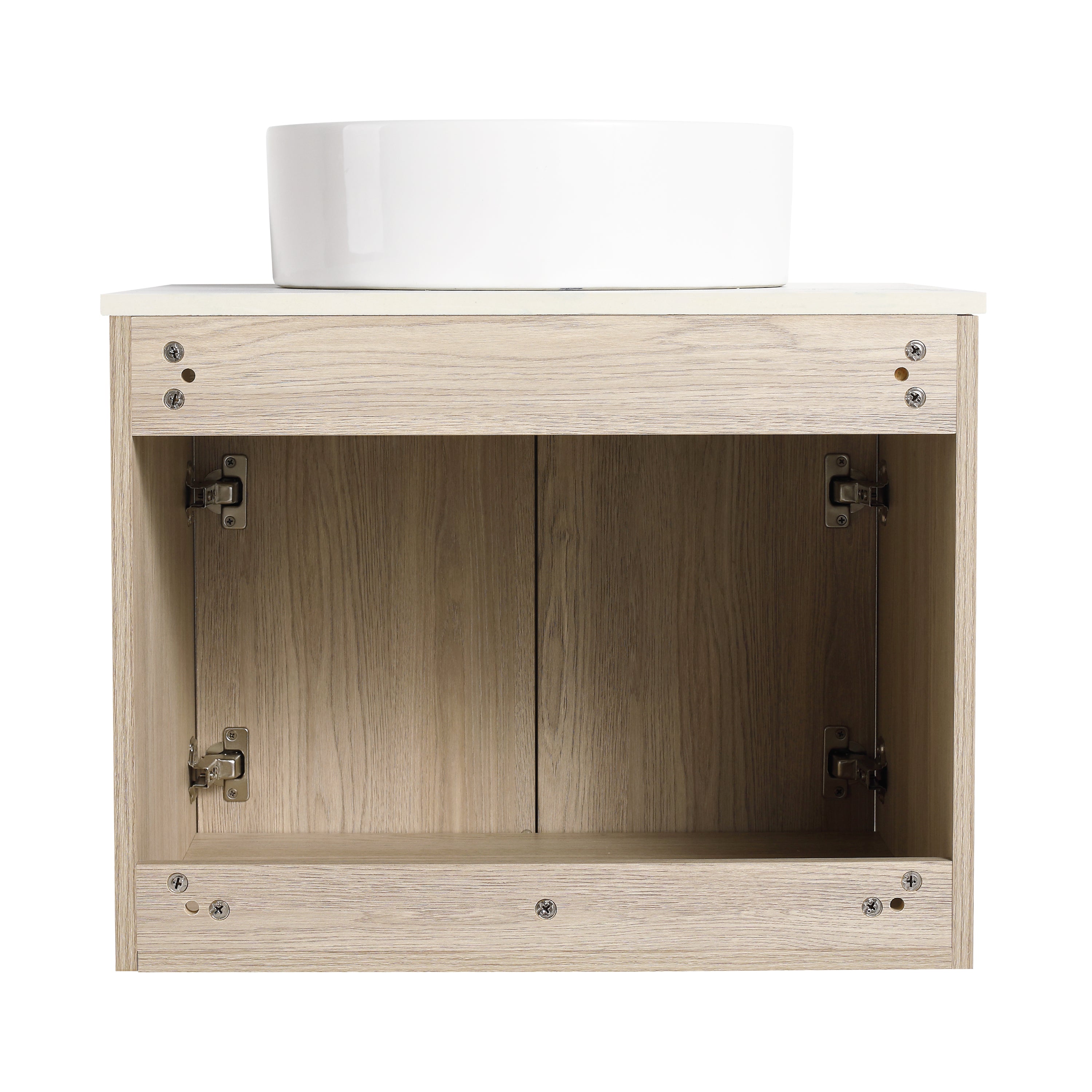 Wall-Mounted Bathroom Vanity in White Oak with White Ceramic Vessel Sink