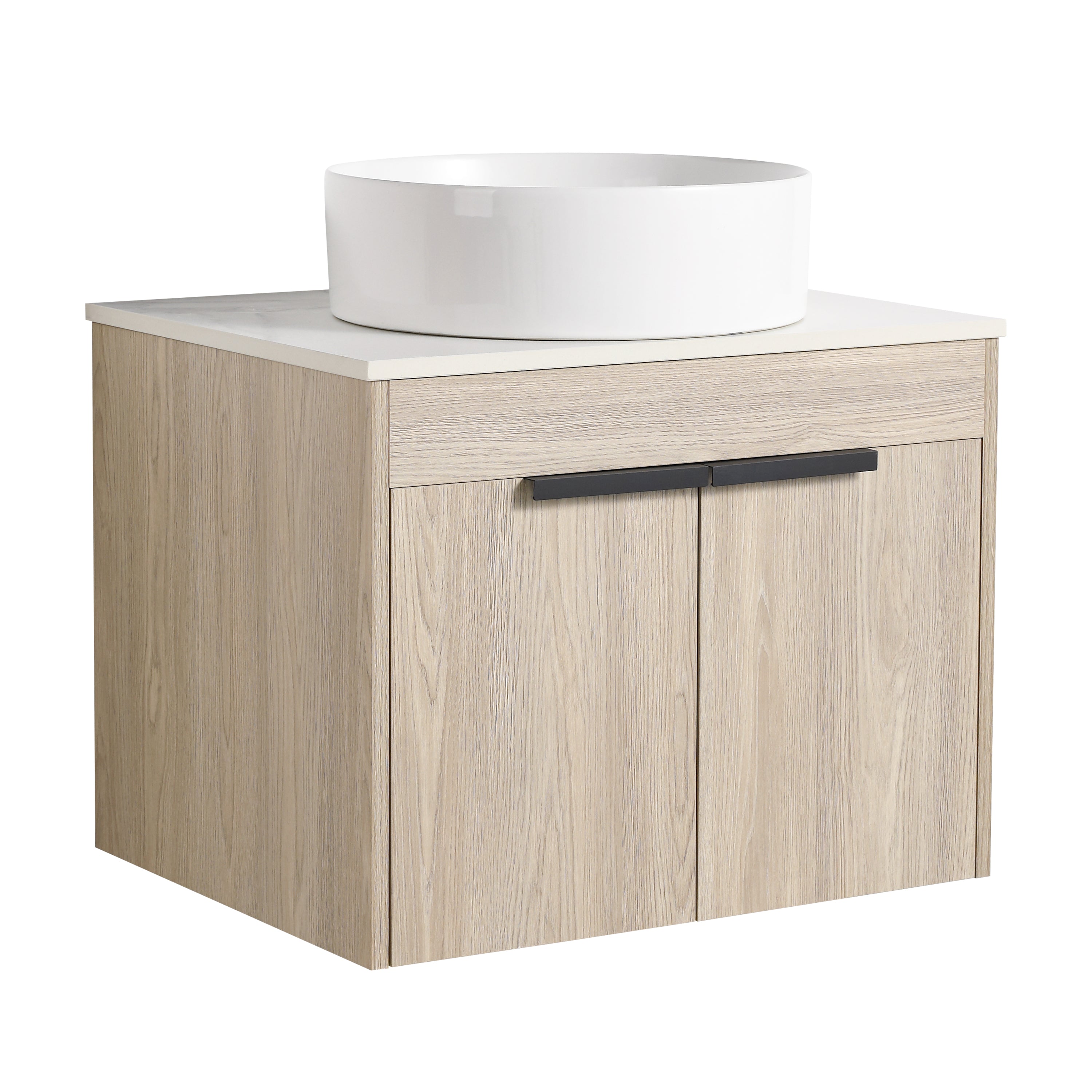 Wall-Mounted Bathroom Vanity in White Oak with White Ceramic Vessel Sink