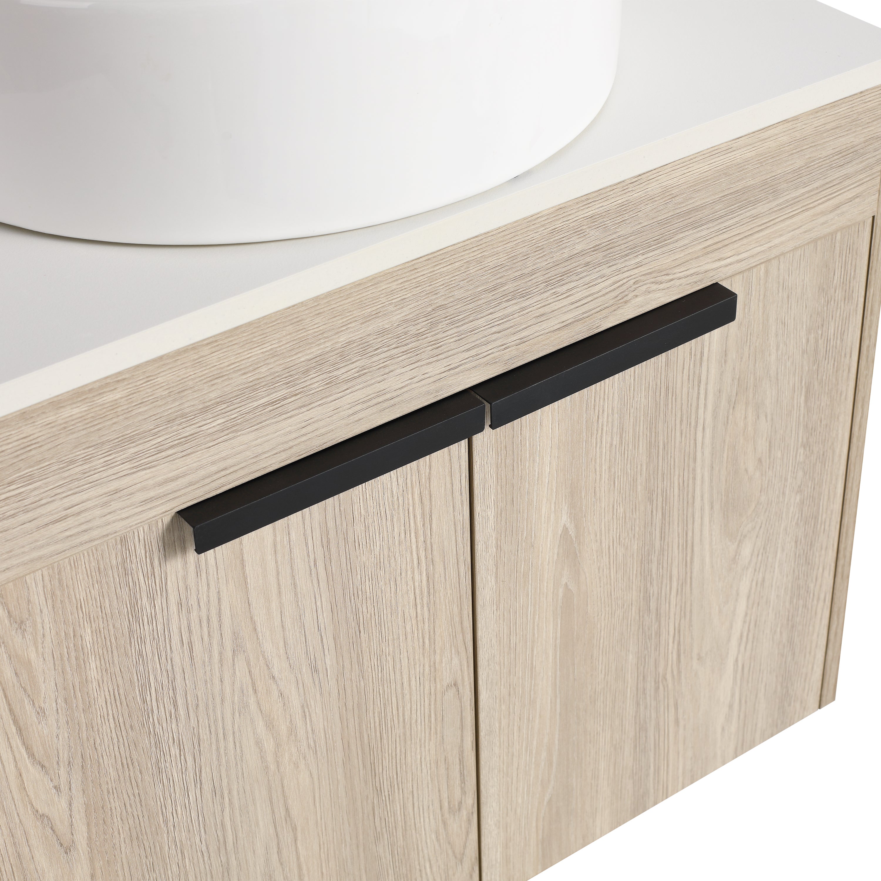 Wall-Mounted Bathroom Vanity in White Oak with White Ceramic Vessel Sink