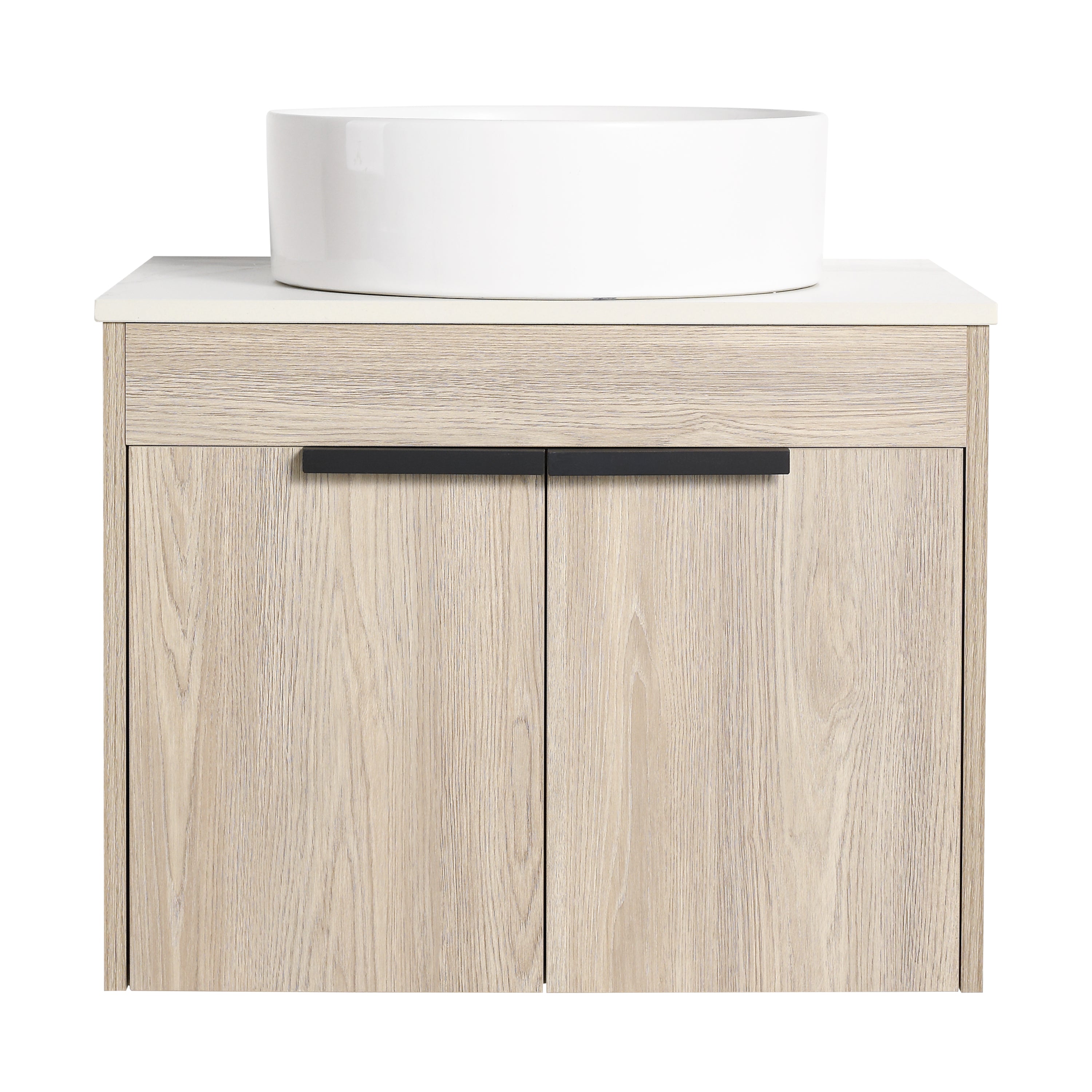 Wall-Mounted Bathroom Vanity in White Oak with White Ceramic Vessel Sink