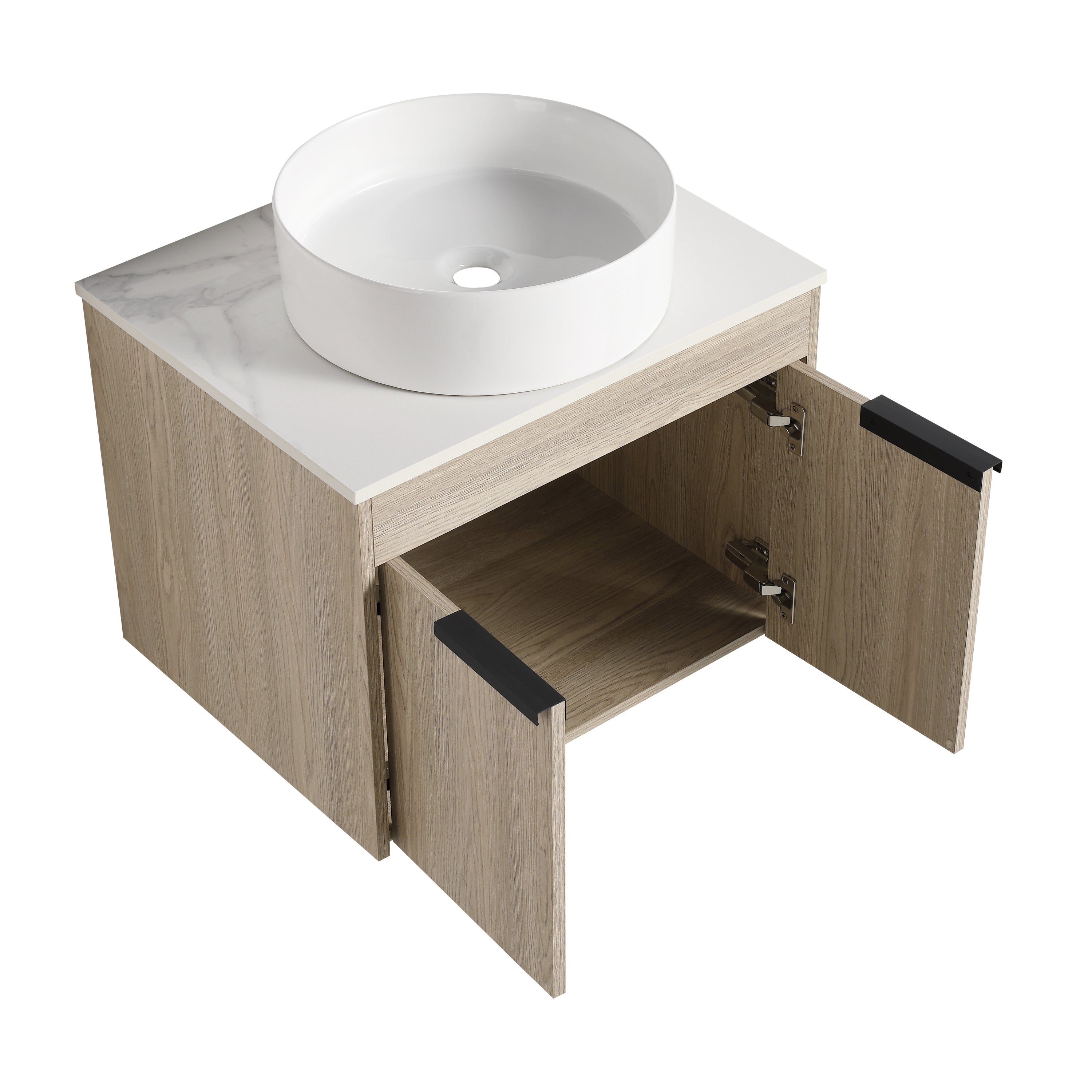 Wall-Mounted Bathroom Vanity in White Oak with White Ceramic Vessel Sink