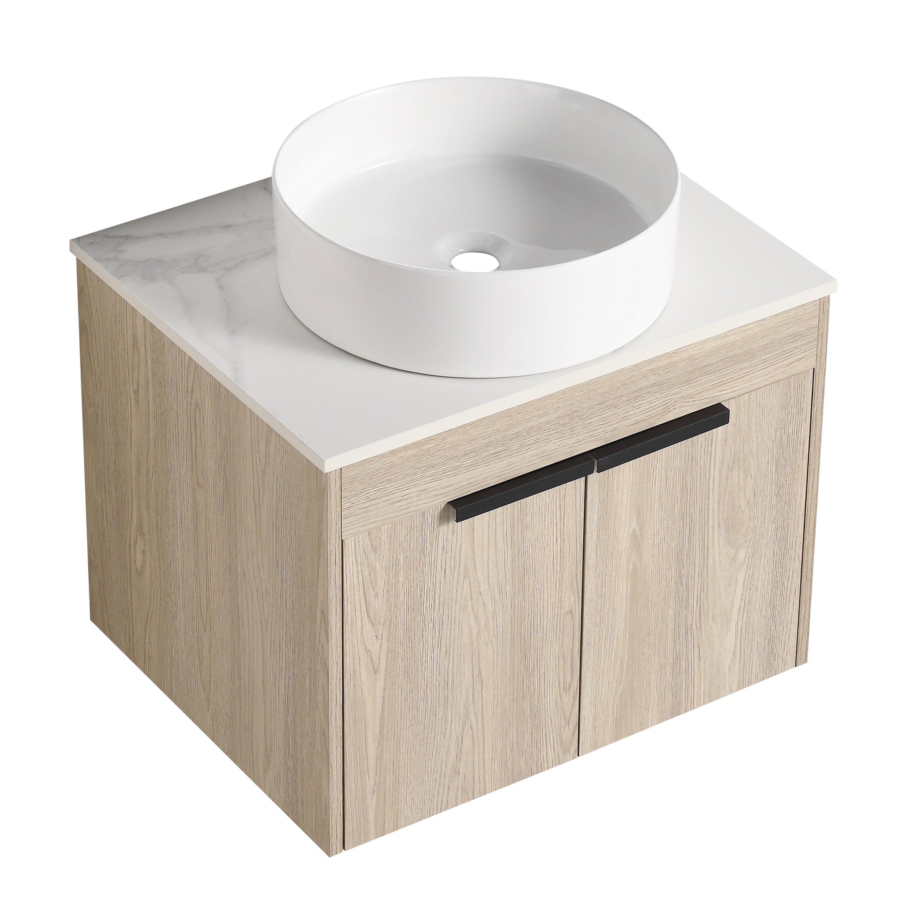 Wall-Mounted Bathroom Vanity in White Oak with White Ceramic Vessel Sink