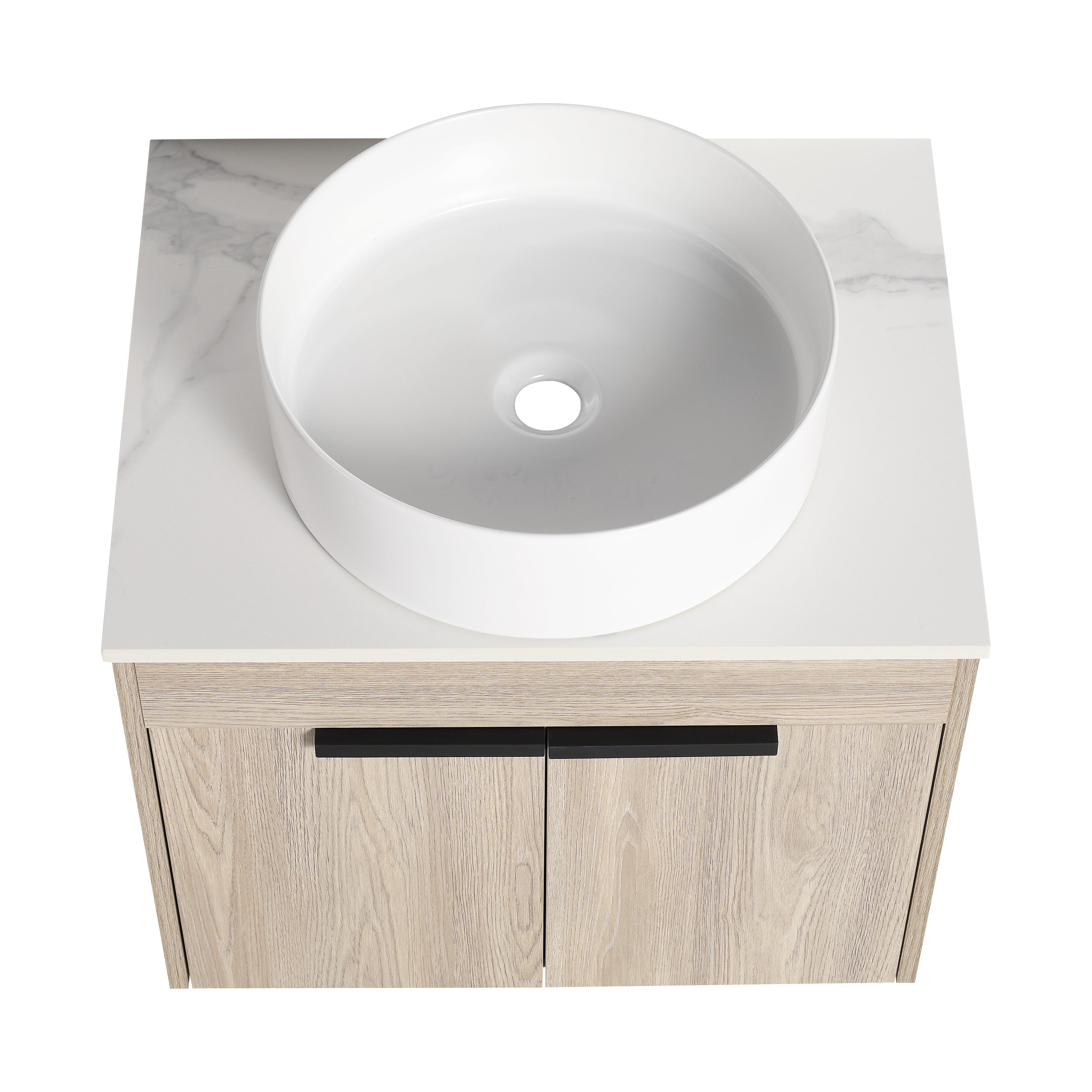 Wall-Mounted Bathroom Vanity in White Oak with White Ceramic Vessel Sink