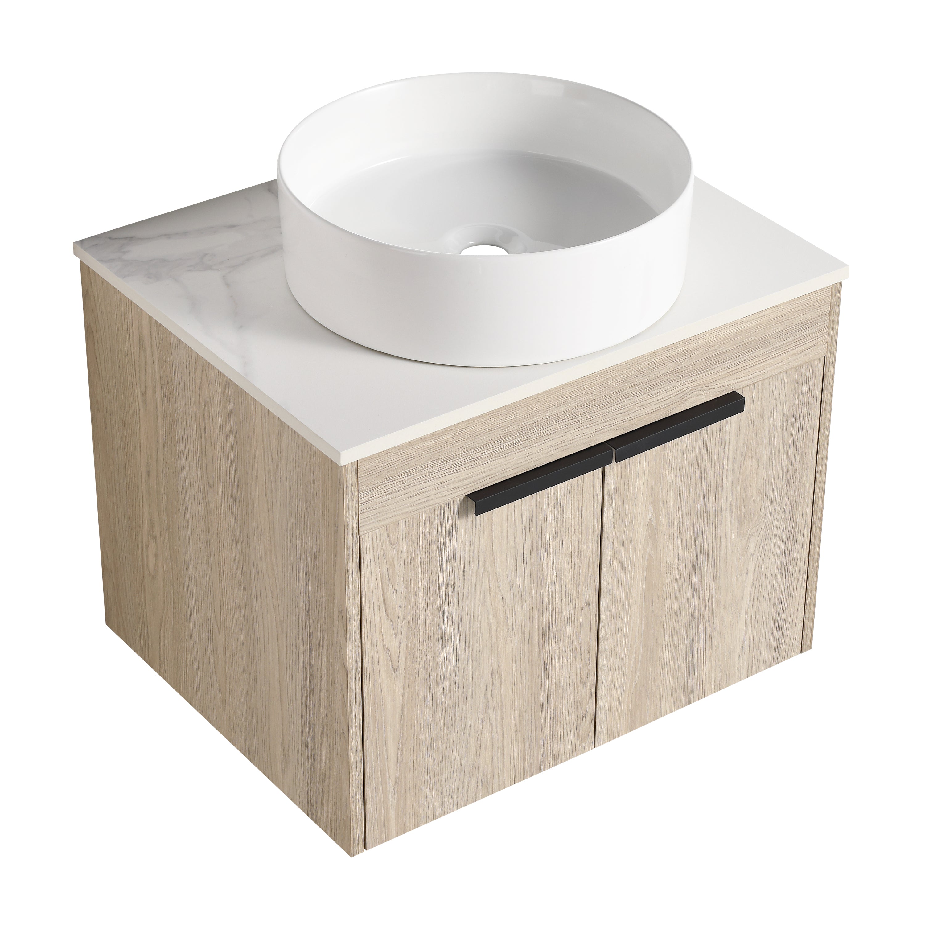 Wall-Mounted Bathroom Vanity in White Oak with White Ceramic Vessel Sink