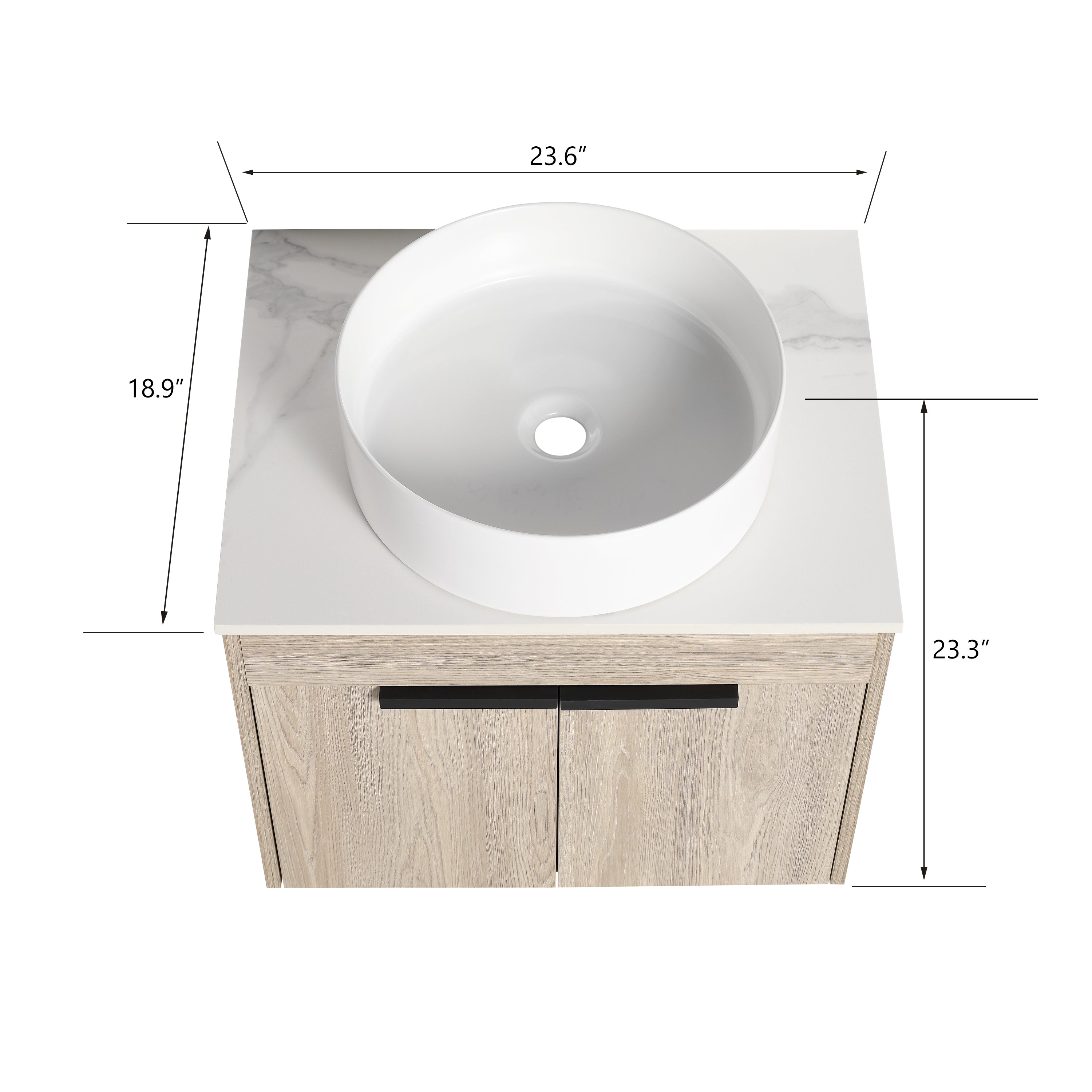 Wall-Mounted Bathroom Vanity in White Oak with White Ceramic Vessel Sink