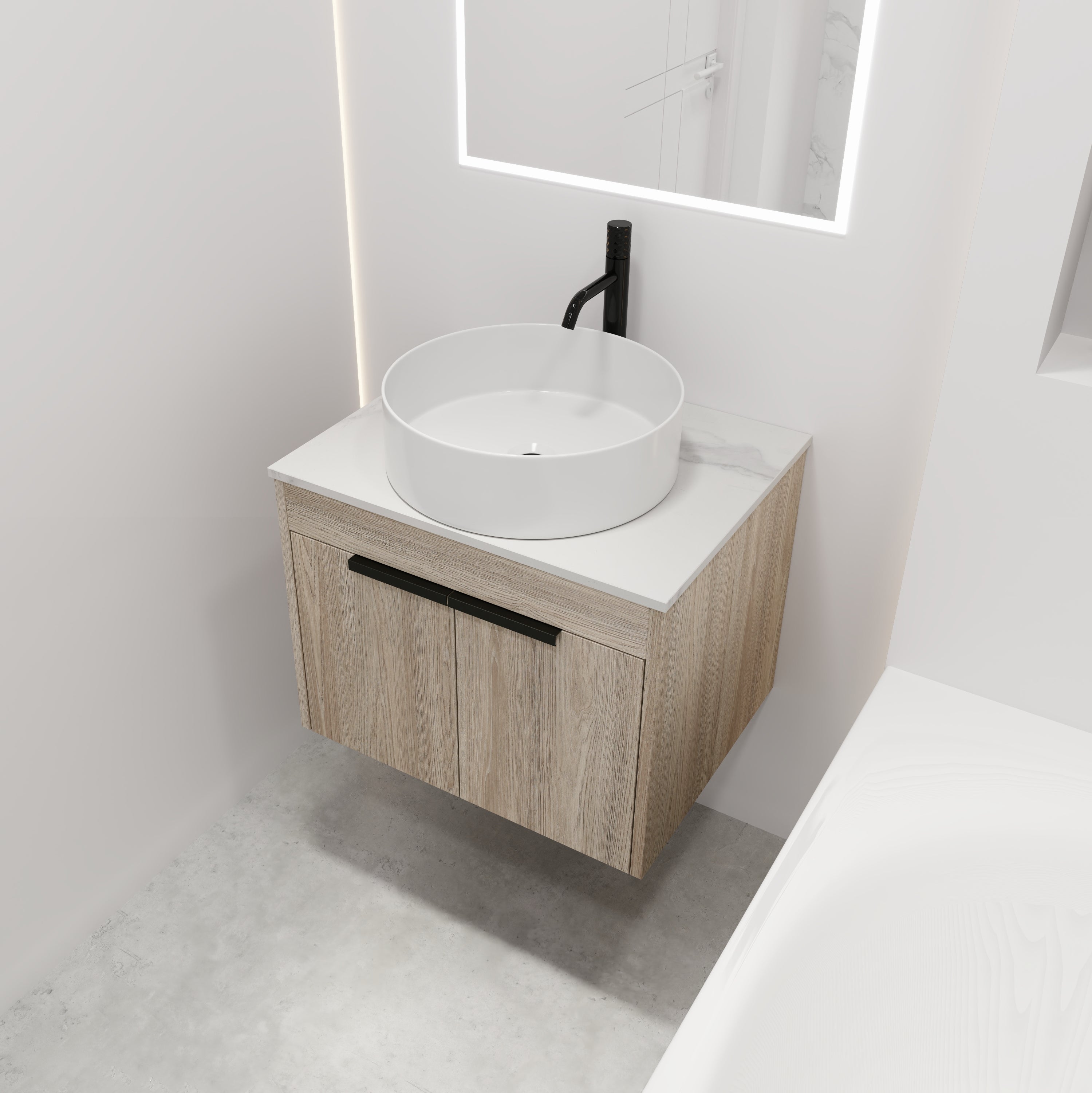 Wall-Mounted Bathroom Vanity in White Oak with White Ceramic Vessel Sink