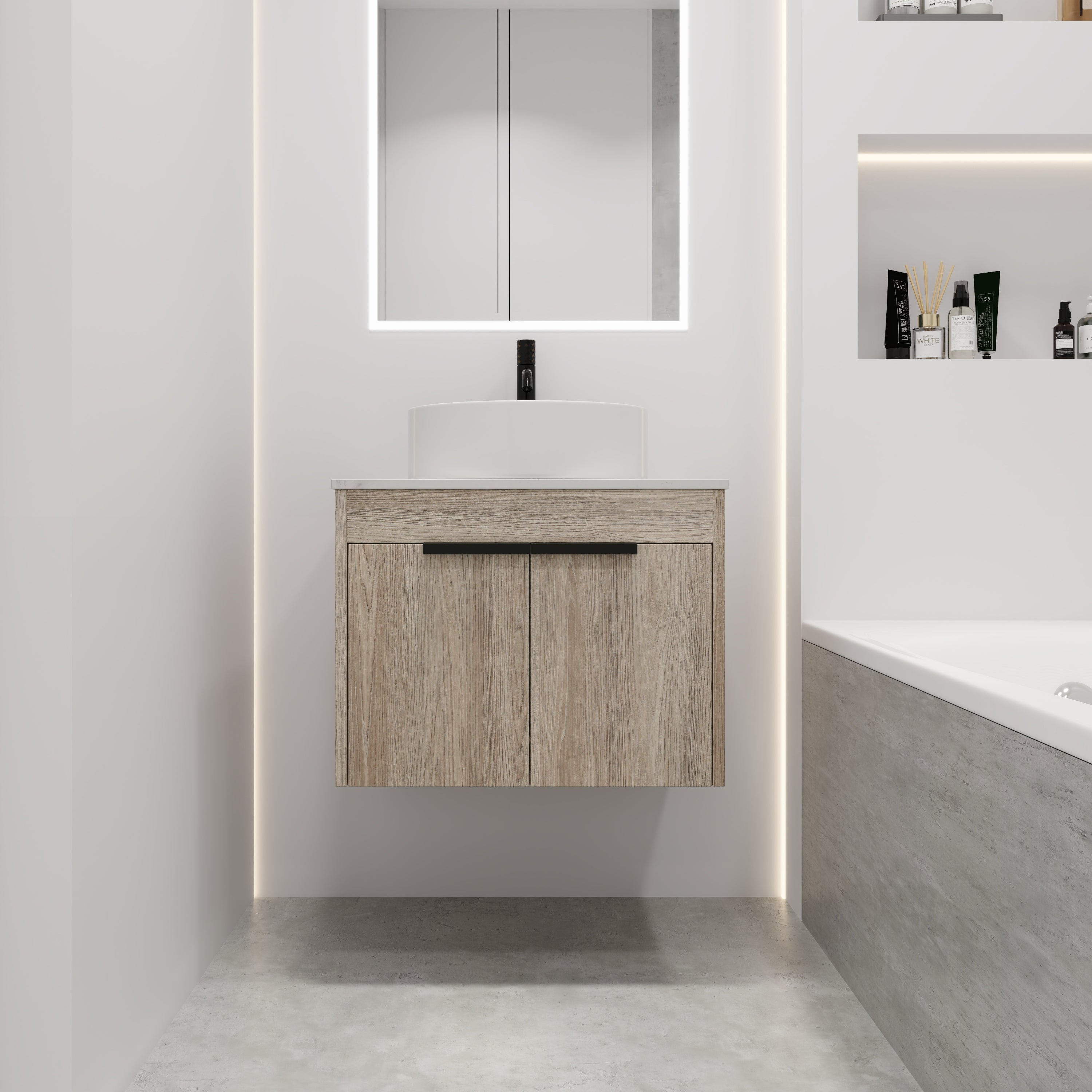 Wall-Mounted Bathroom Vanity in White Oak with White Ceramic Vessel Sink