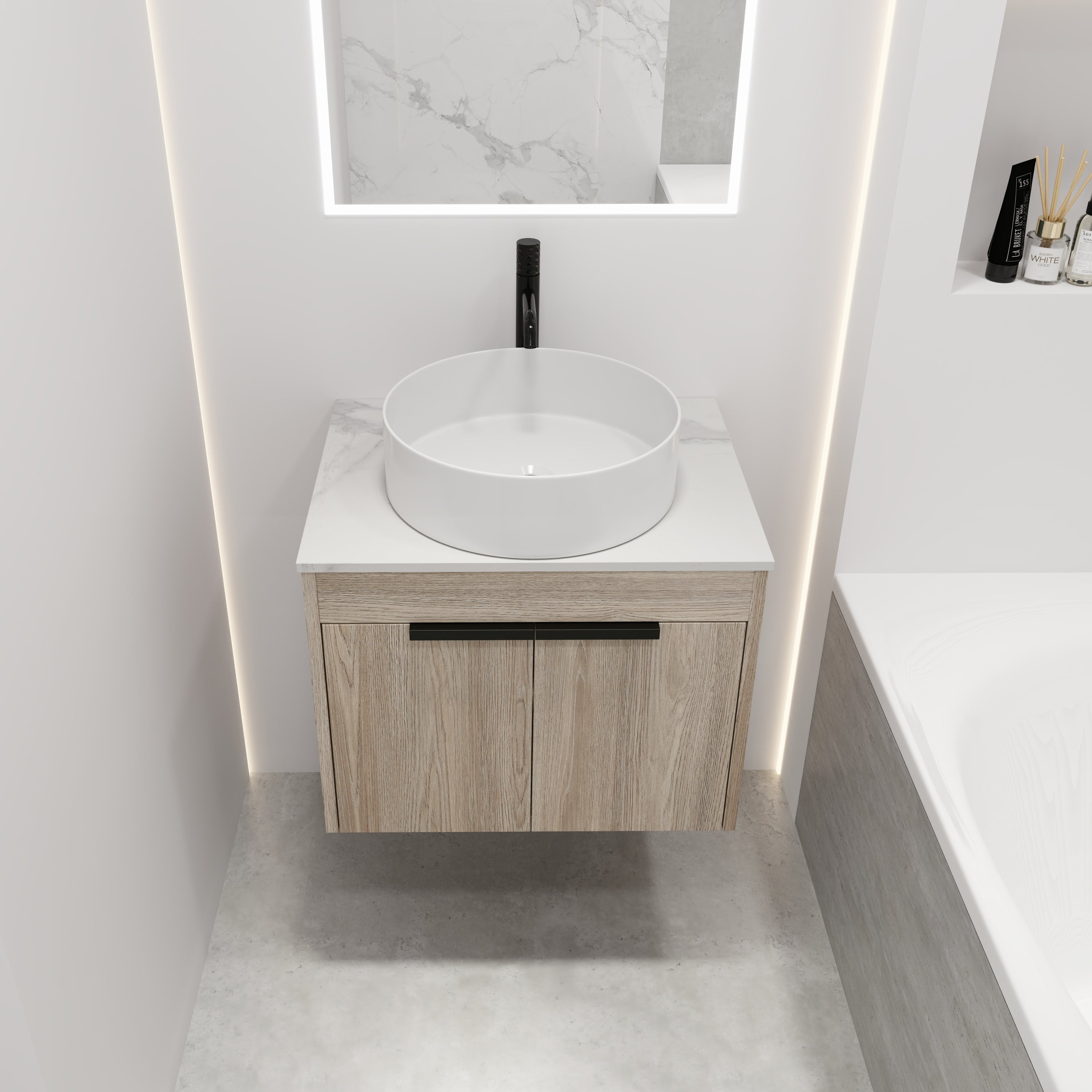 Wall-Mounted Bathroom Vanity in White Oak with White Ceramic Vessel Sink