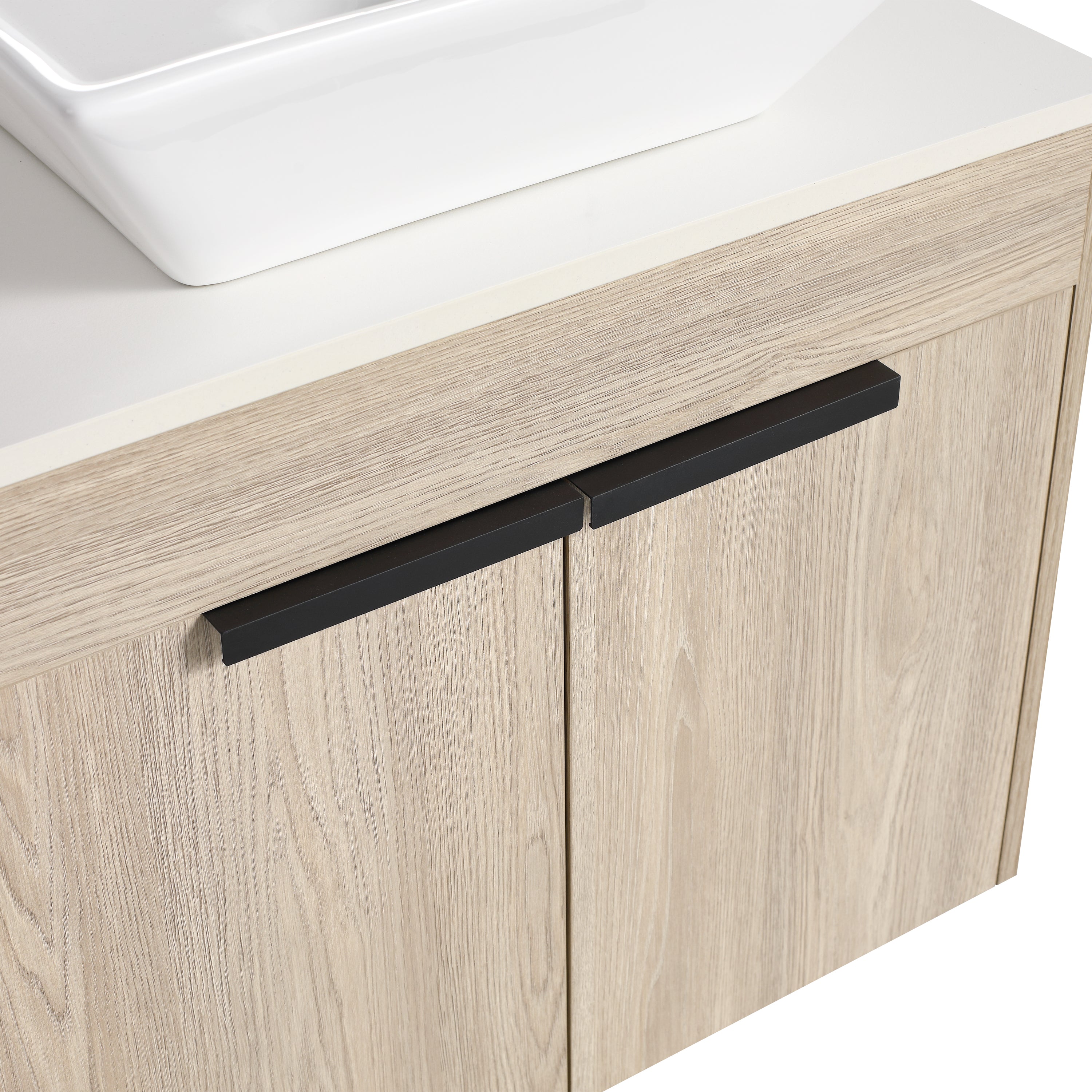 Wall-Mounted Bathroom Vanity in White Oak with White Ceramic Vessel Sink