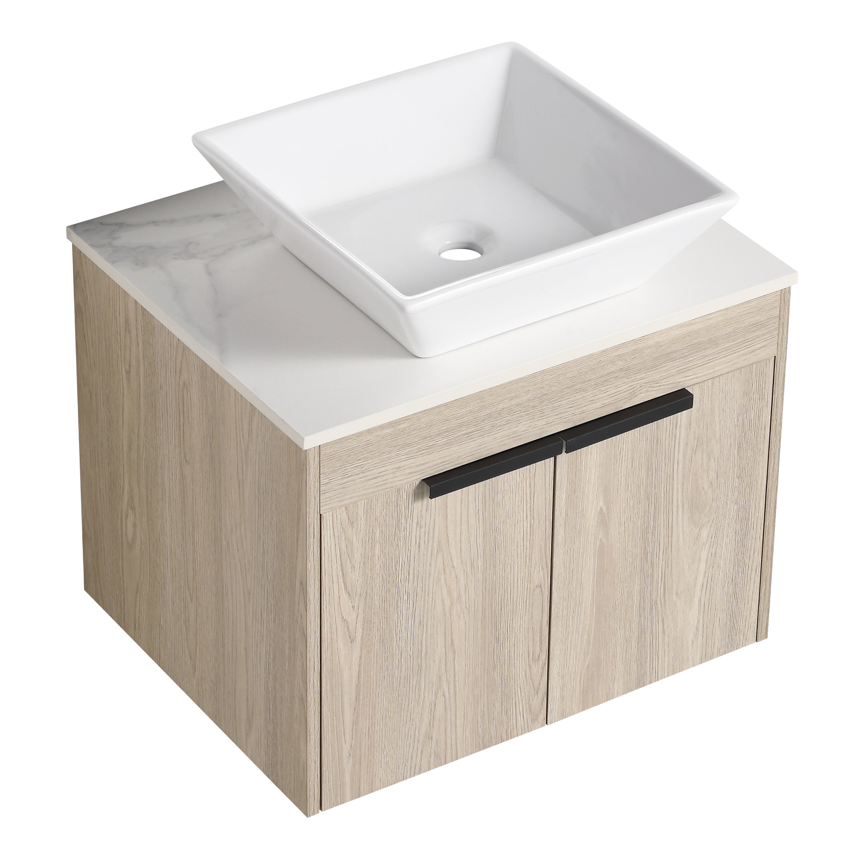 Wall-Mounted Bathroom Vanity in White Oak with White Ceramic Vessel Sink