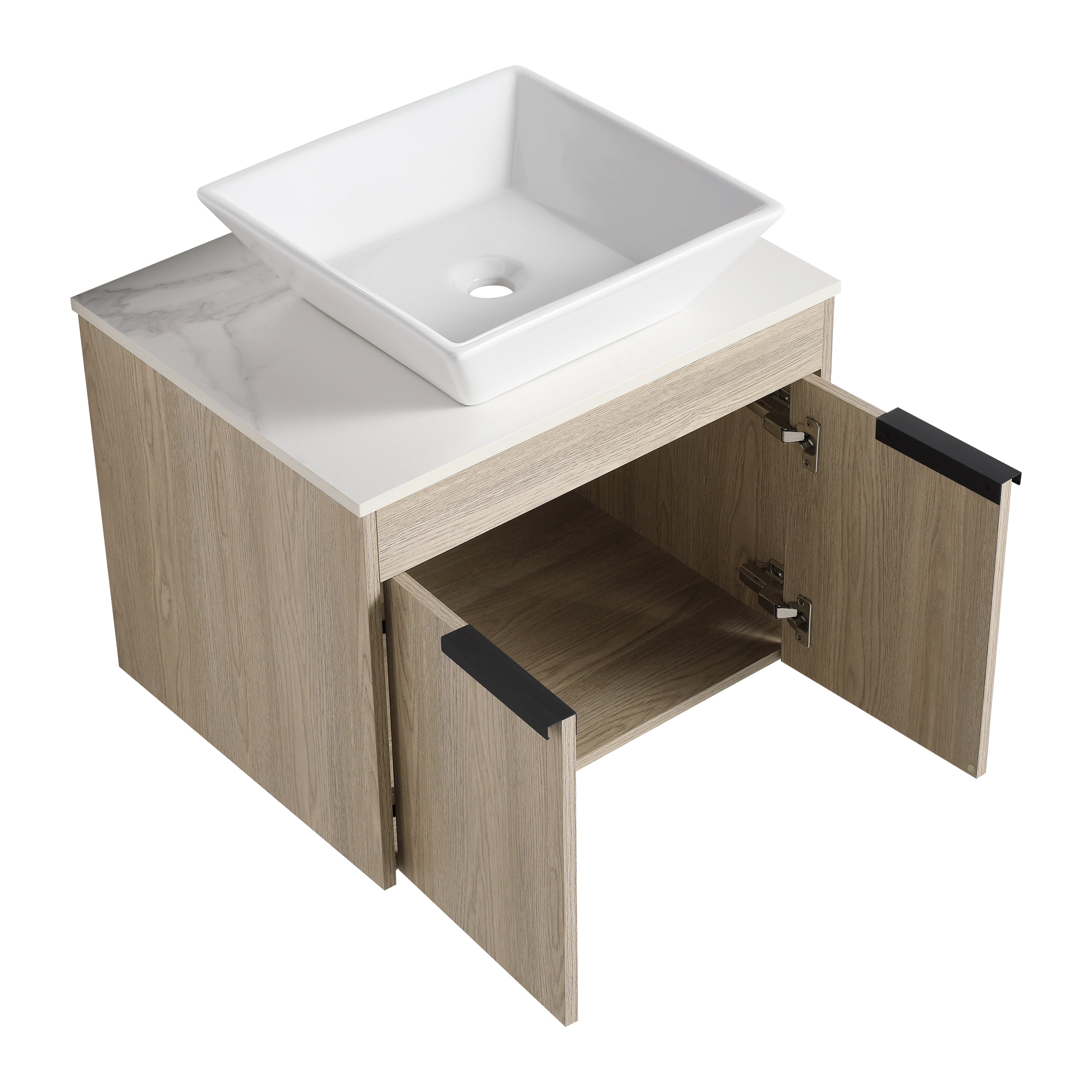 Wall-Mounted Bathroom Vanity in White Oak with White Ceramic Vessel Sink