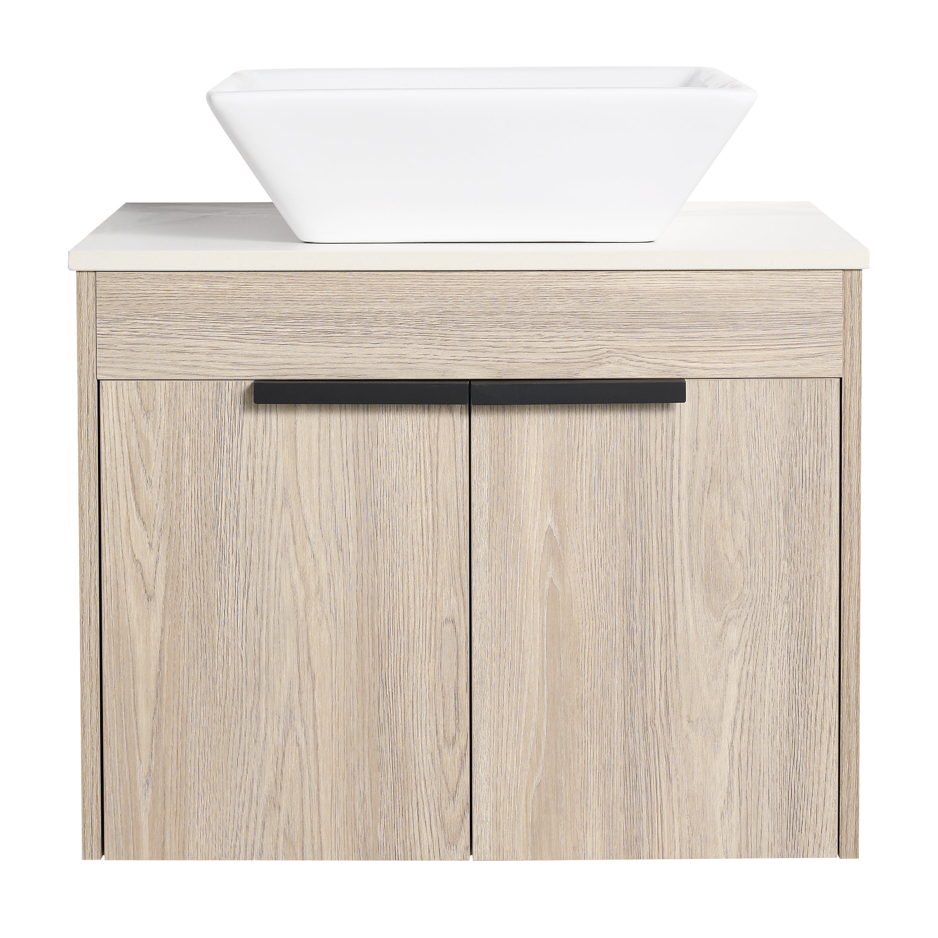 Wall-Mounted Bathroom Vanity in White Oak with White Ceramic Vessel Sink