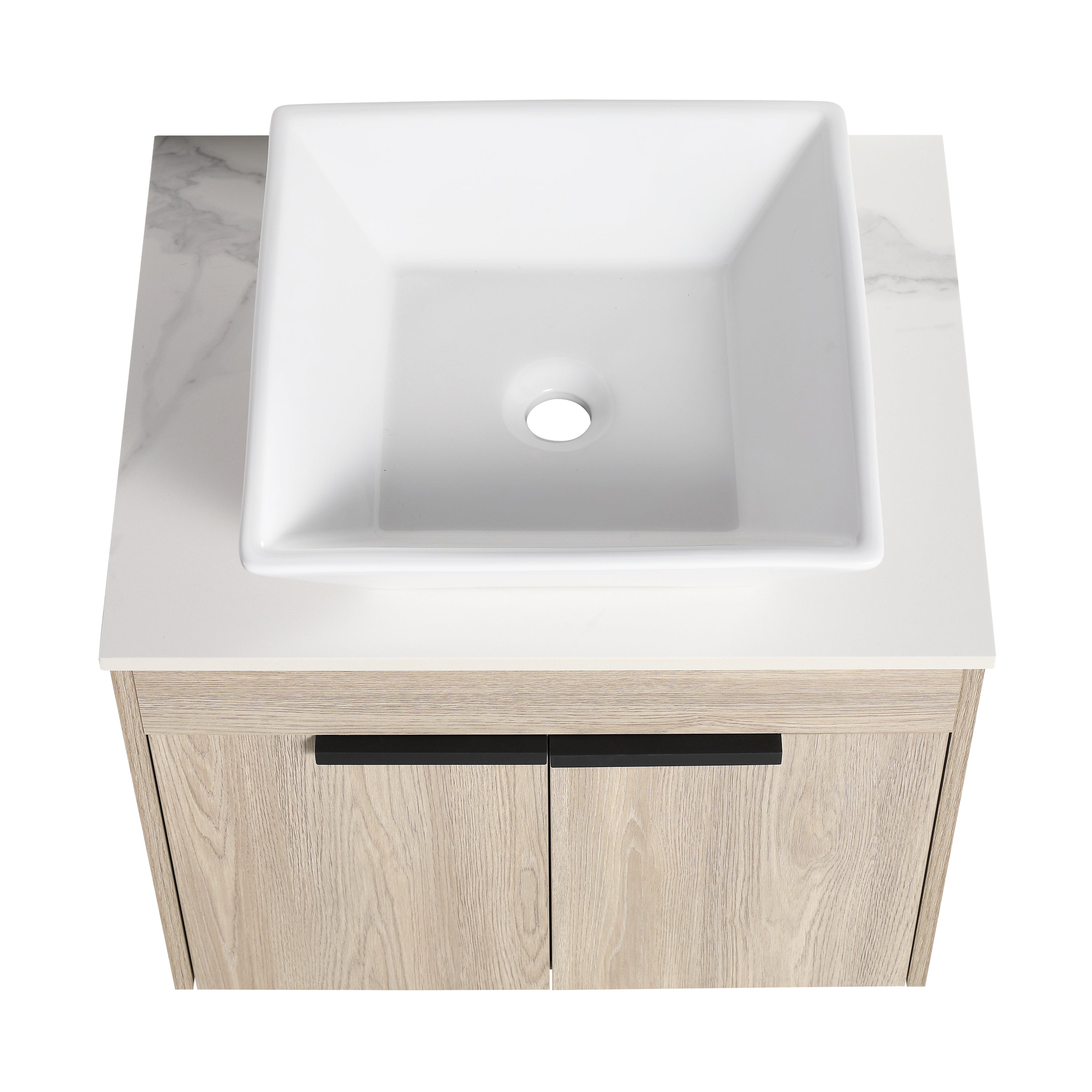 Wall-Mounted Bathroom Vanity in White Oak with White Ceramic Vessel Sink